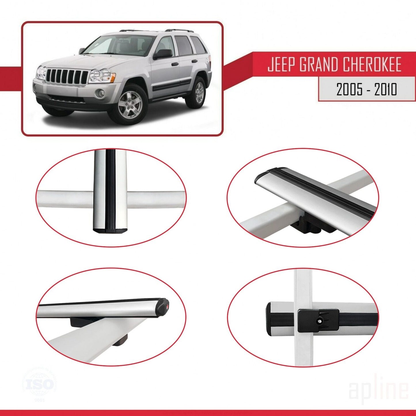 Compatible avec Jeep Grand Cherokee 3 (WK) 2005-2010 BASIC Model Barres de Toit Railing Porte-Bagages de Voiture Gris Aluminium 3 Barres