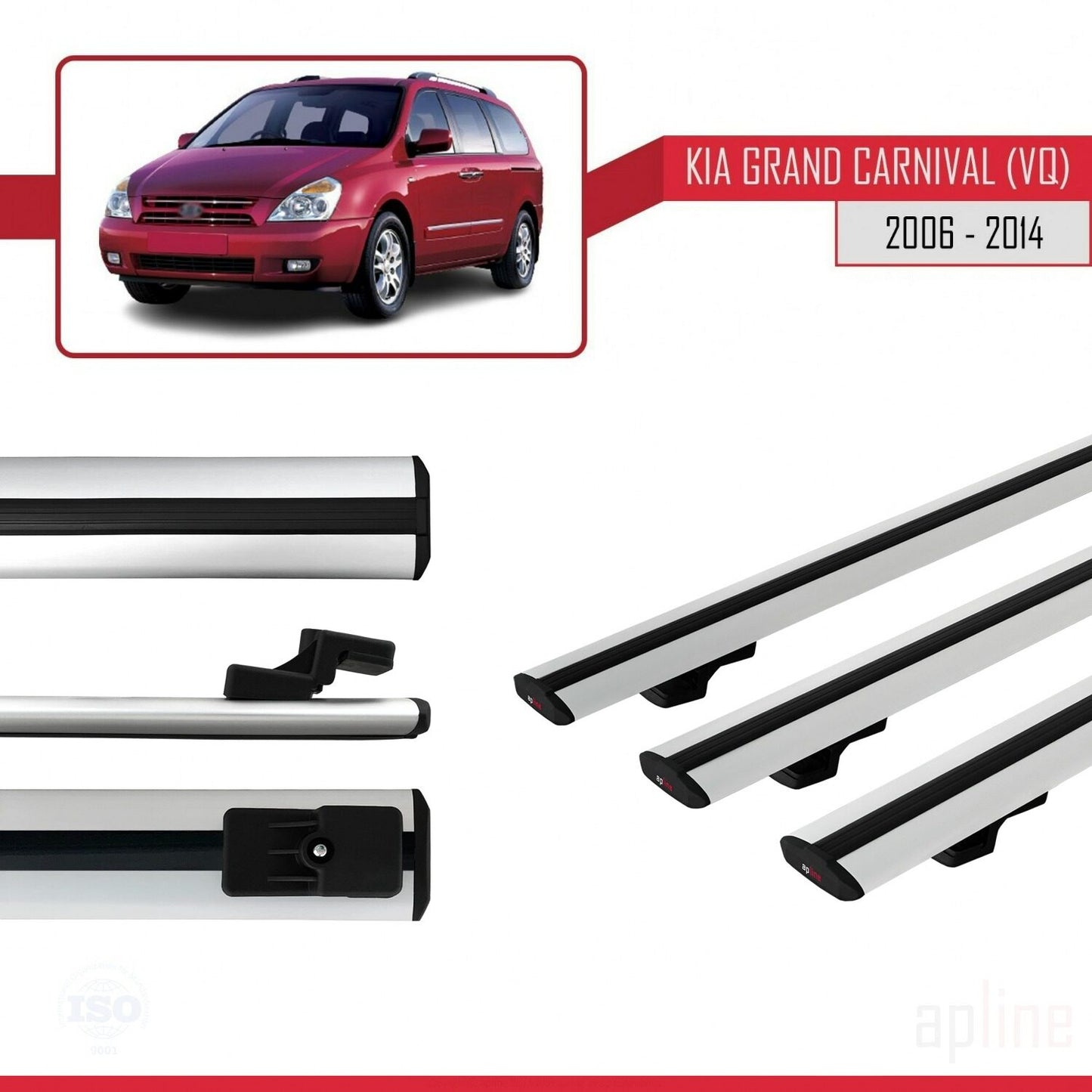 Compatible avec Kia Grand Carnival 2 (VQ) 2006-2014 BASIC Model Barres de Toit Railing Porte-Bagages de Voiture Gris Aluminium 3 Barres
