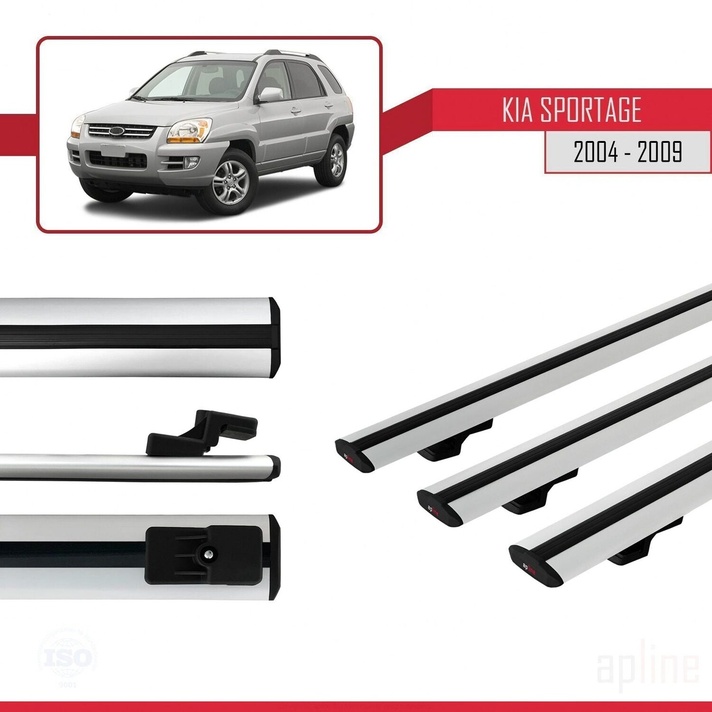 Compatible con Kia Sportage 2 (JE) 2004-2009 BASIC Model Barras de Techo Auto Portaequipajes Barras Transversales Gris Aluminio 3 Barras
