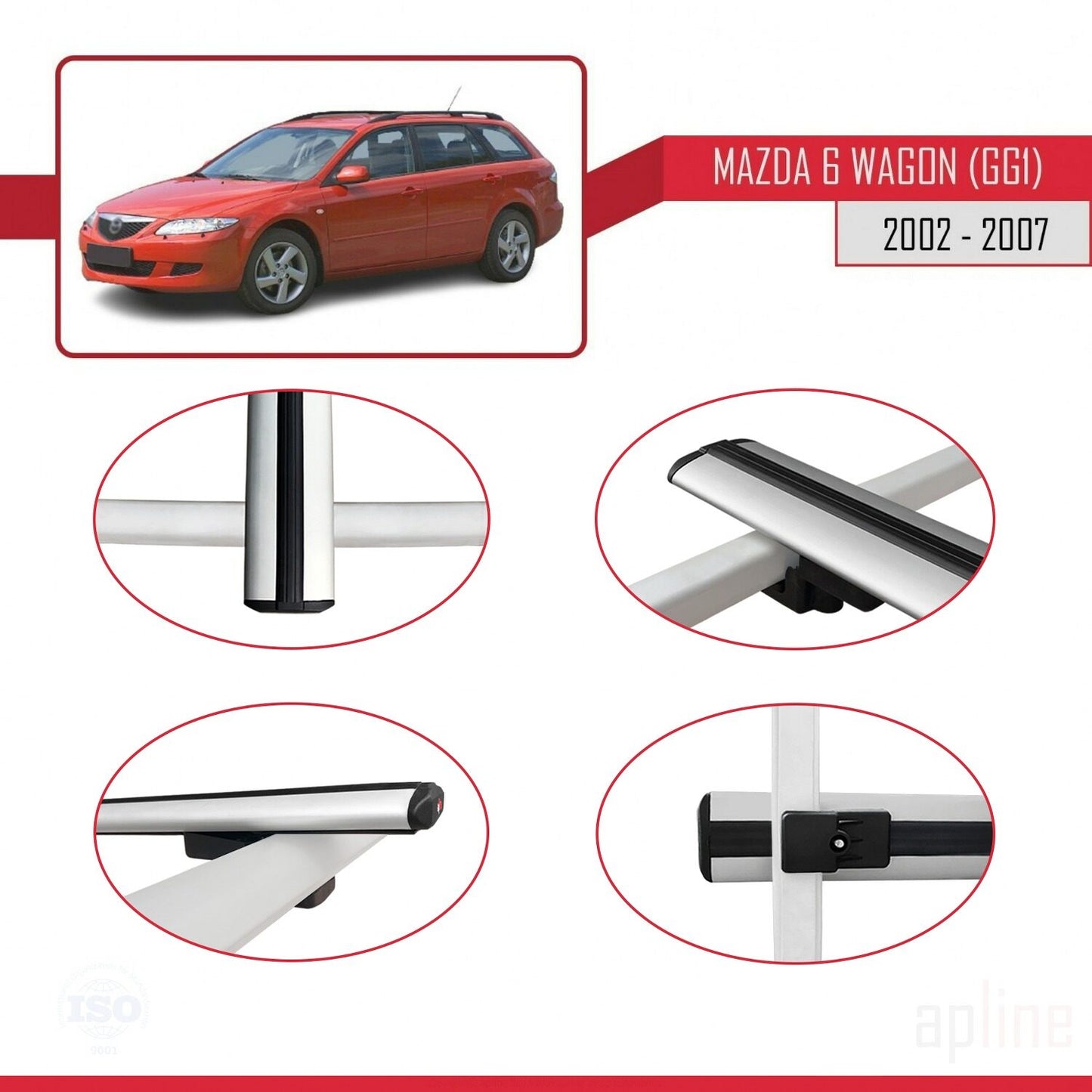 Compatible avec Mazda 6 I (GG1) 2002-2007 BASIC Model Barres de Toit Railing Porte-Bagages de Voiture Gris Aluminium 3 Barres