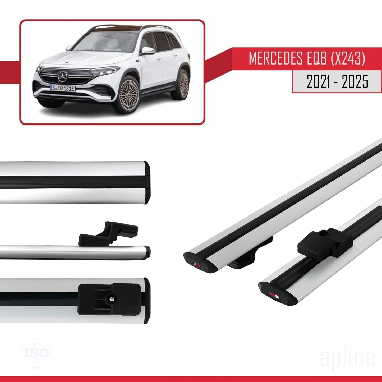 Compatible with Mercedes EQB (X243) 2021-2025 BASIC Model Car Roof Rack Cross Bar Grey Aluminium 2 Bars
