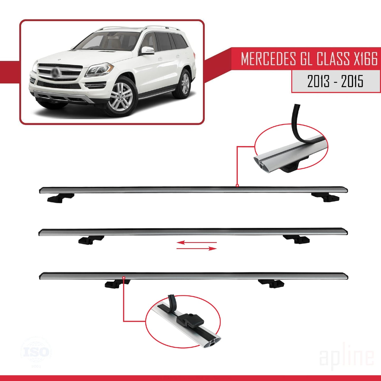 Compatible con Mercedes Clase GL 2 (X166) Pre-Facelift 2013-2015 BASIC Model Barras de Techo Auto Portaequipajes Barras Transversales Gris Aluminio 3 Barras