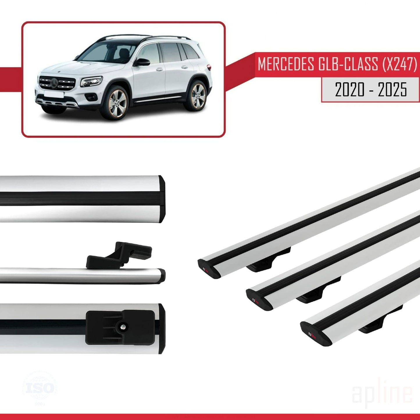 Compatible con Mercedes Clase GLB (X247) 2020-2025 BASIC Model Barras de Techo Auto Portaequipajes Barras Transversales Gris Aluminio 3 Barras