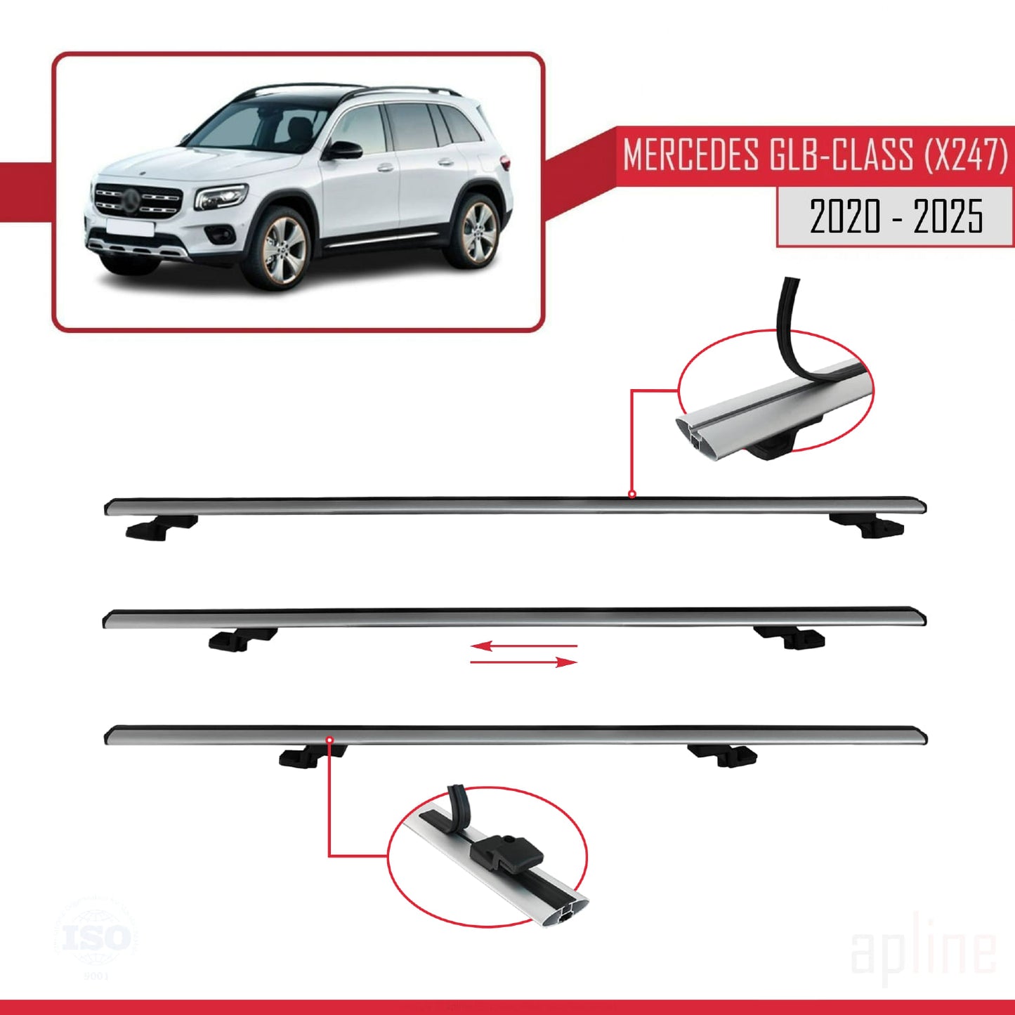 Compatible with Mercedes GLB Class (X247) 2020-2025 BASIC Model Car Roof Rack Cross Bar Grey Aluminium 2 Bars
