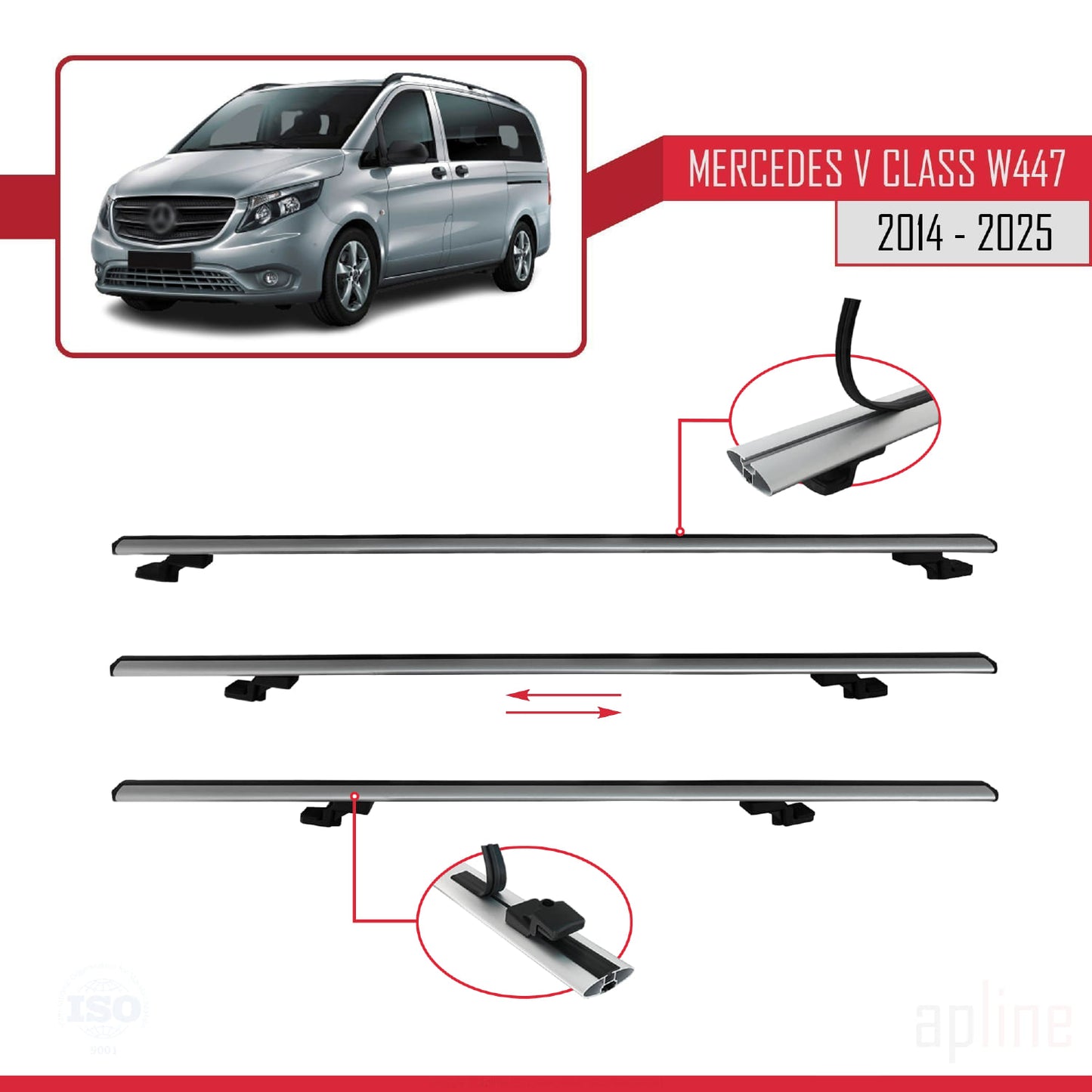 Compatible with Mercedes V Class 3 (W447) 2014-2025 BASIC Model Car Roof Rack Cross Bar Grey Aluminium 2 Bars