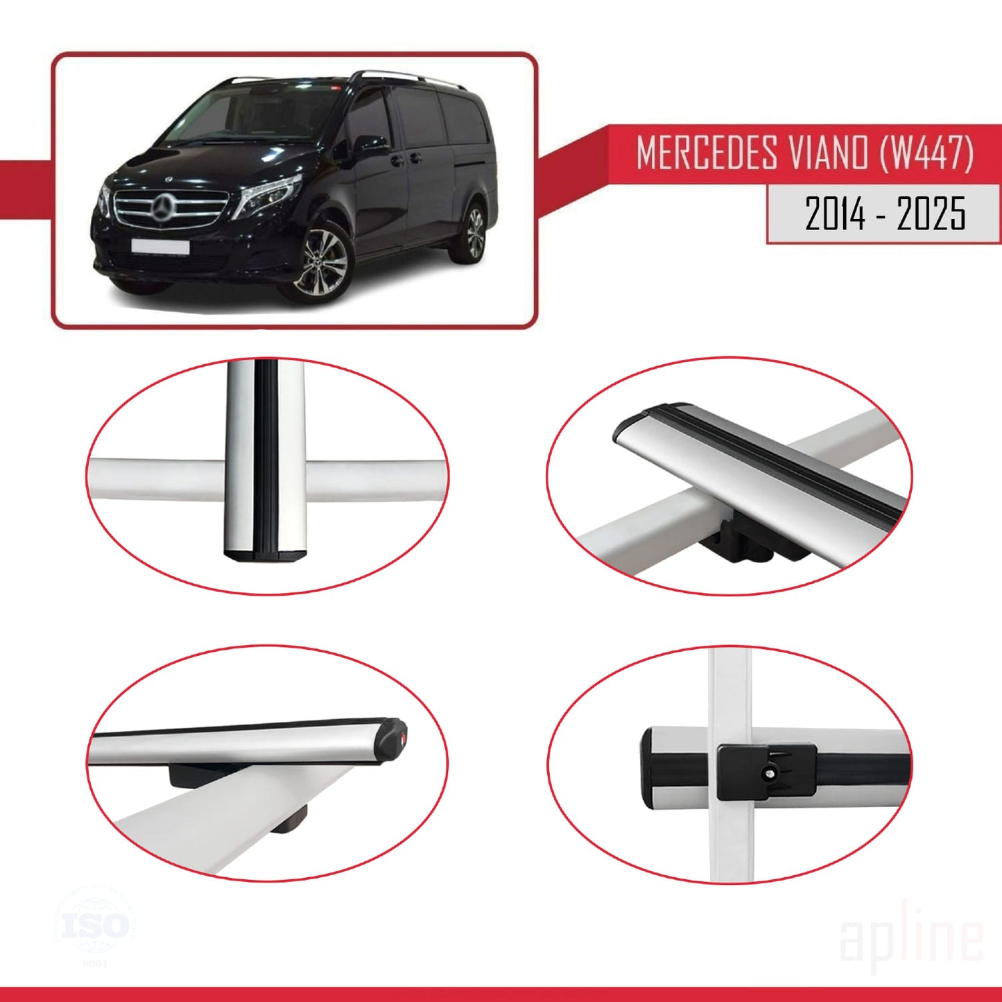 Compatible with Mercedes Viano 3 (W447) 2014-2025 BASIC Model Car Roof Rack Cross Bar Grey Aluminium 3 Bars