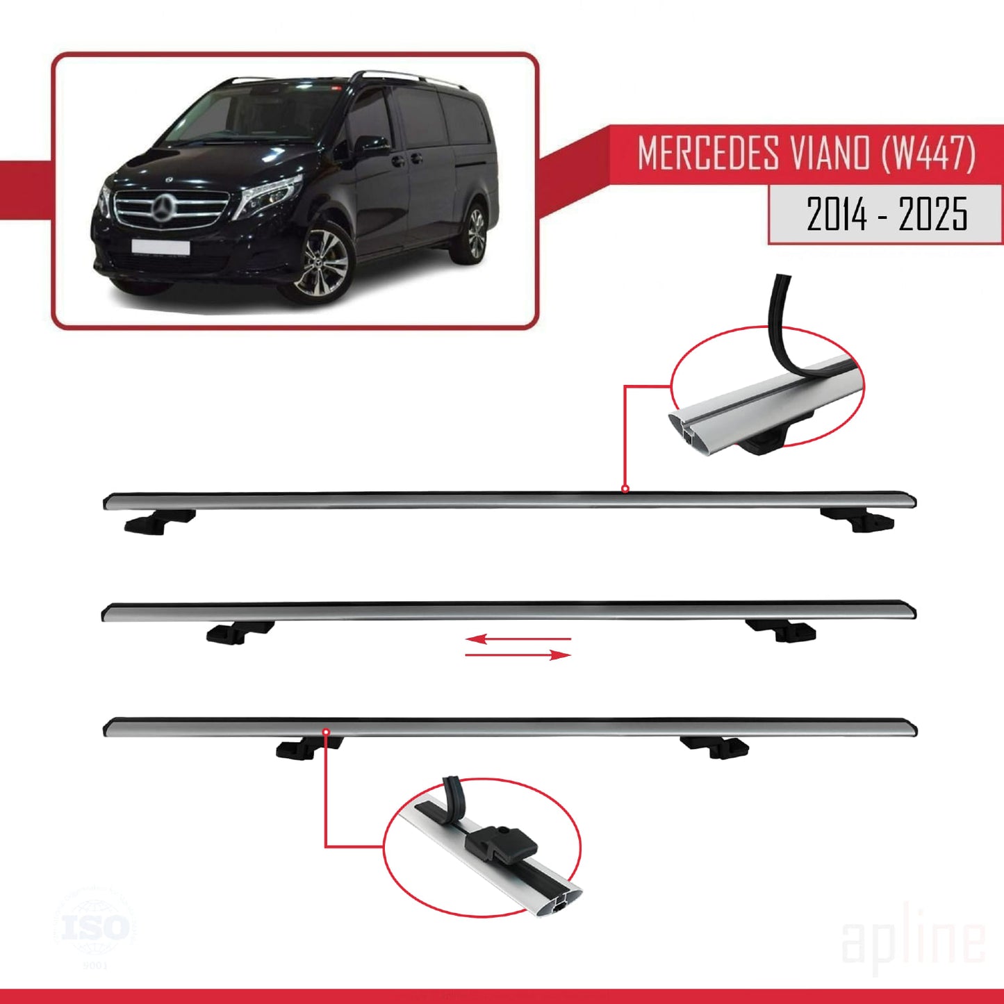 Compatible with Mercedes Viano 3 (W447) 2014-2025 BASIC Model Car Roof Rack Cross Bar Grey Aluminium 2 Bars