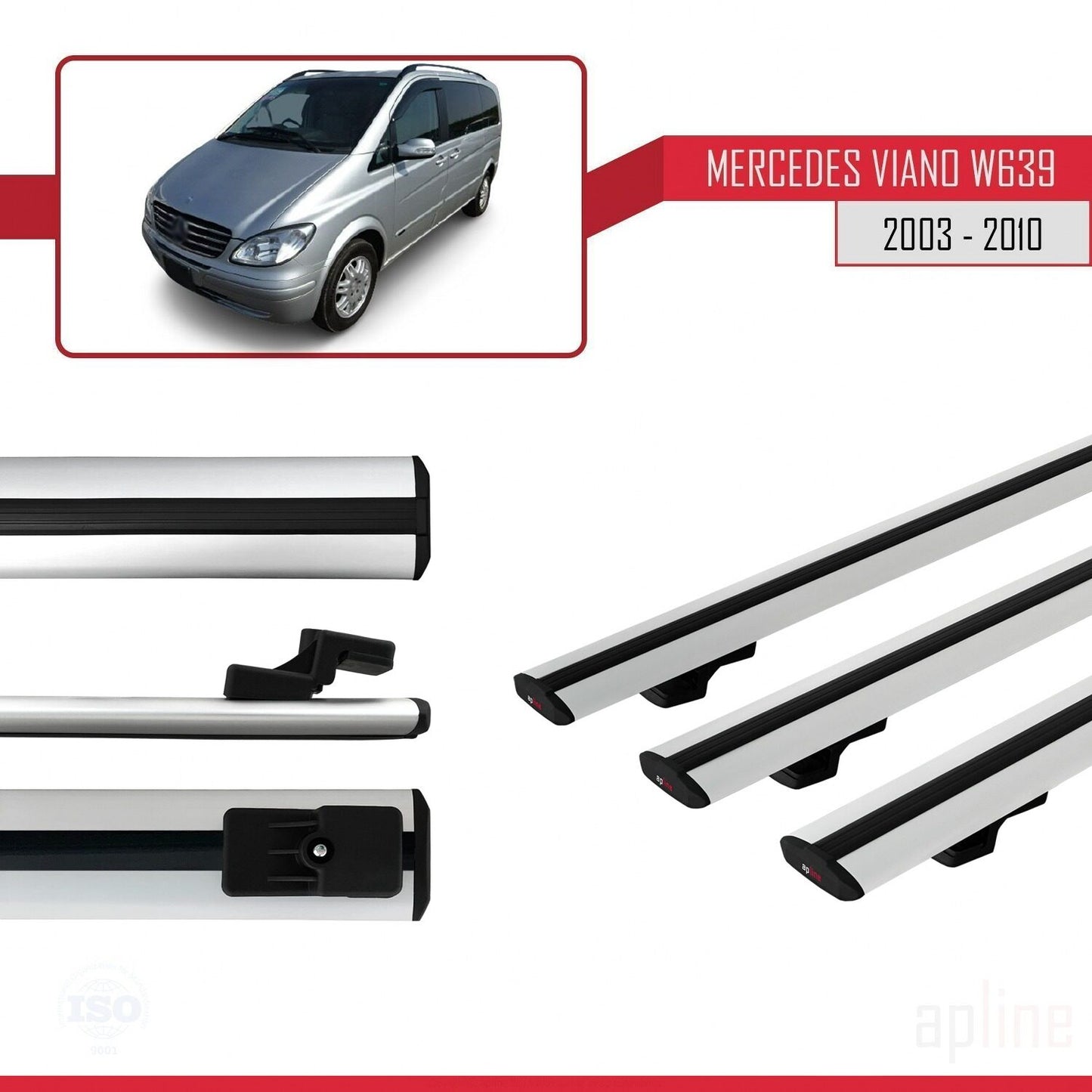 Compatible con Mercedes Viano 2 (W639) Pre-Facelift 2003-2010 BASIC Model Barras de Techo Auto Portaequipajes Barras Transversales Gris Aluminio 3 Barras