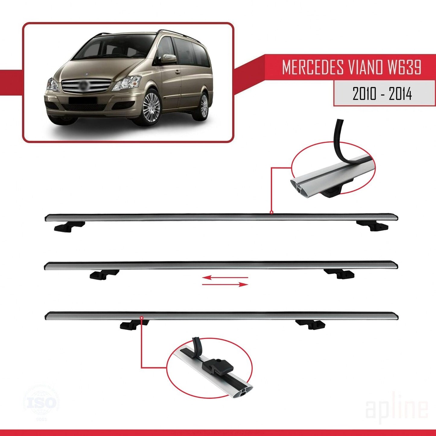 Compatible with Mercedes Viano 2 (W639) Post-Facelift 2010-2014 BASIC Model Car Roof Rack Cross Bar Grey Aluminium 3 Bars