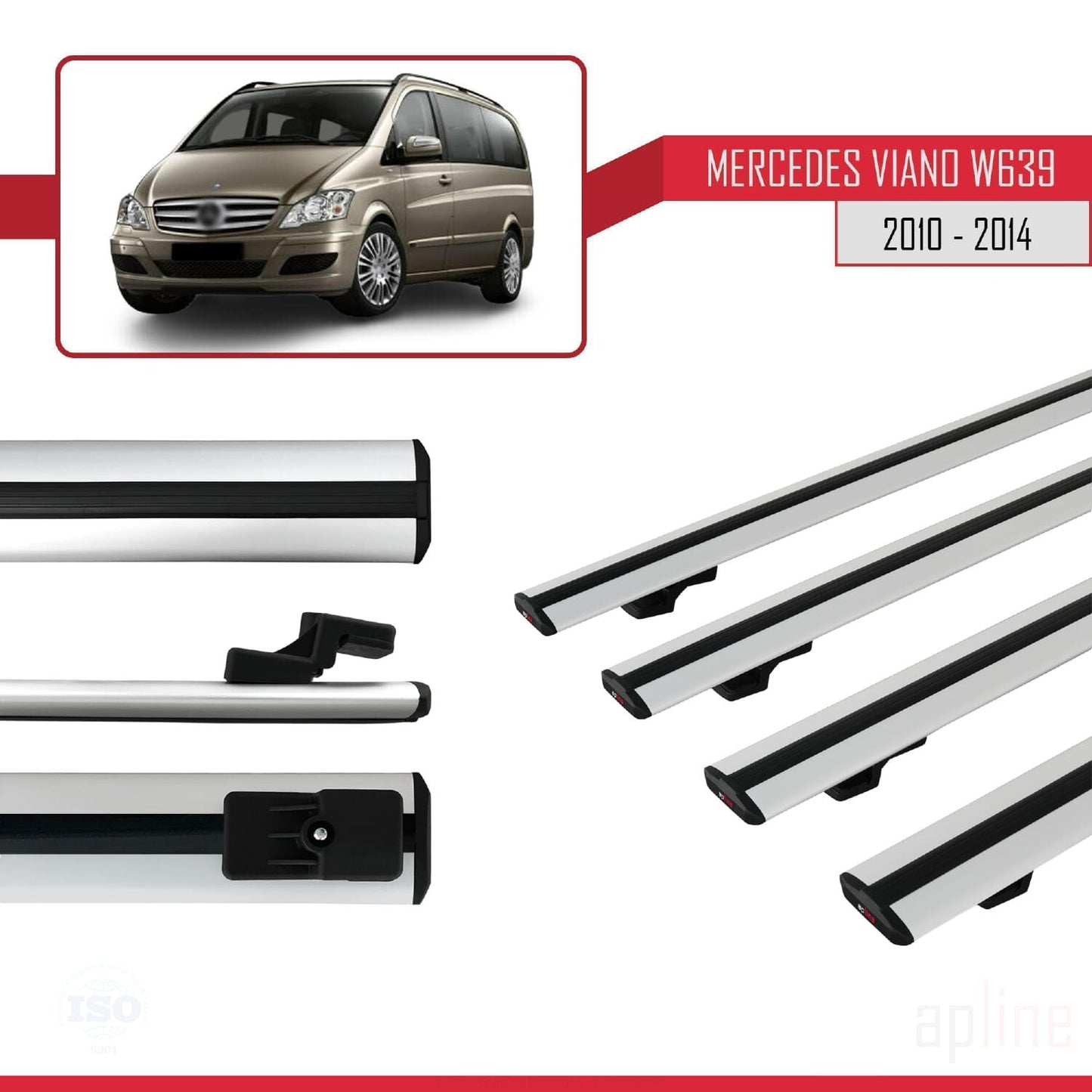 Compatible avec Mercedes Viano 2 (W639) Post-Facelift 2010-2014 BASIC Model Barres de Toit Railing Porte-Bagages de Voiture Gris Aluminium 4 Barres