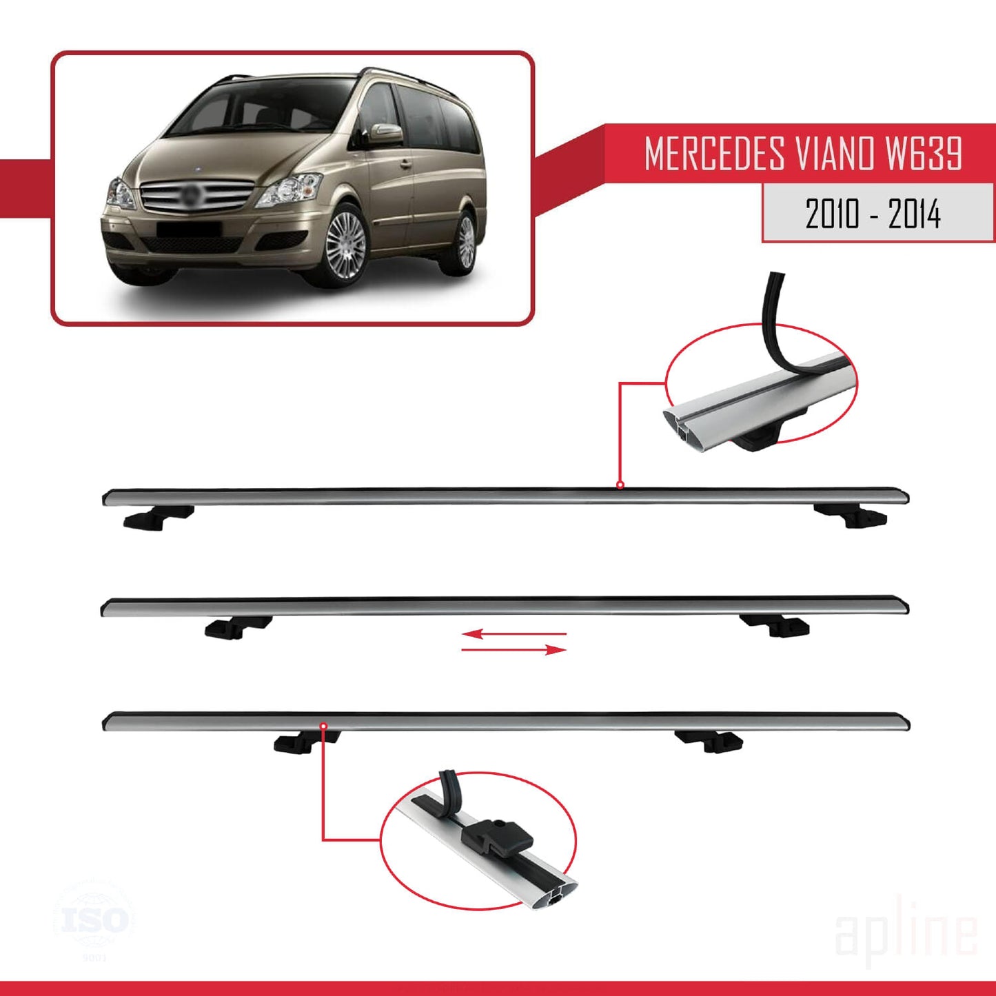 Compatible avec Mercedes Viano 2 (W639) Post-Facelift 2010-2014 BASIC Model Barres de Toit Railing Porte-Bagages de Voiture Gris Aluminium 4 Barres