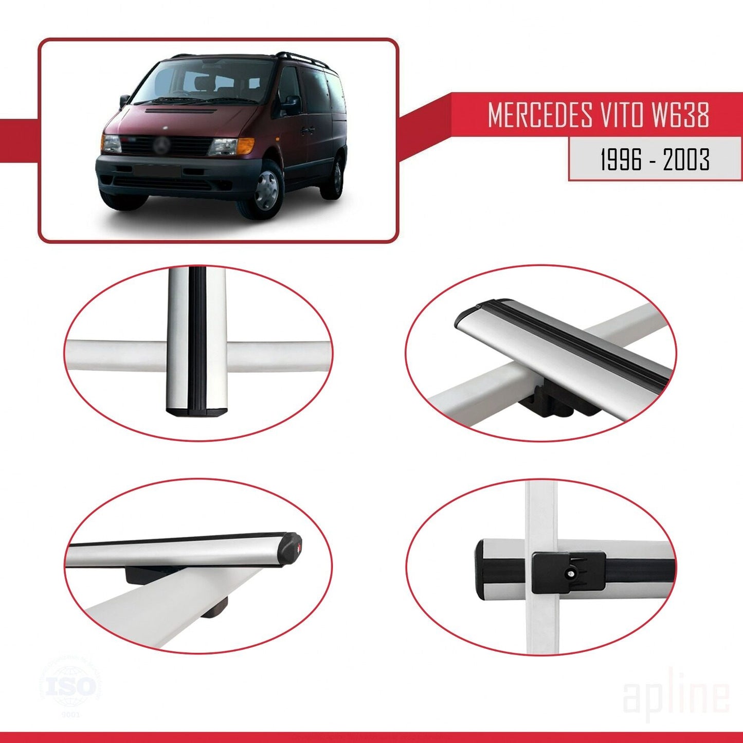 Compatible with Mercedes Vito (W638) 1996-2003 BASIC Model Car Roof Rack Cross Bar Grey Aluminium 3 Bars