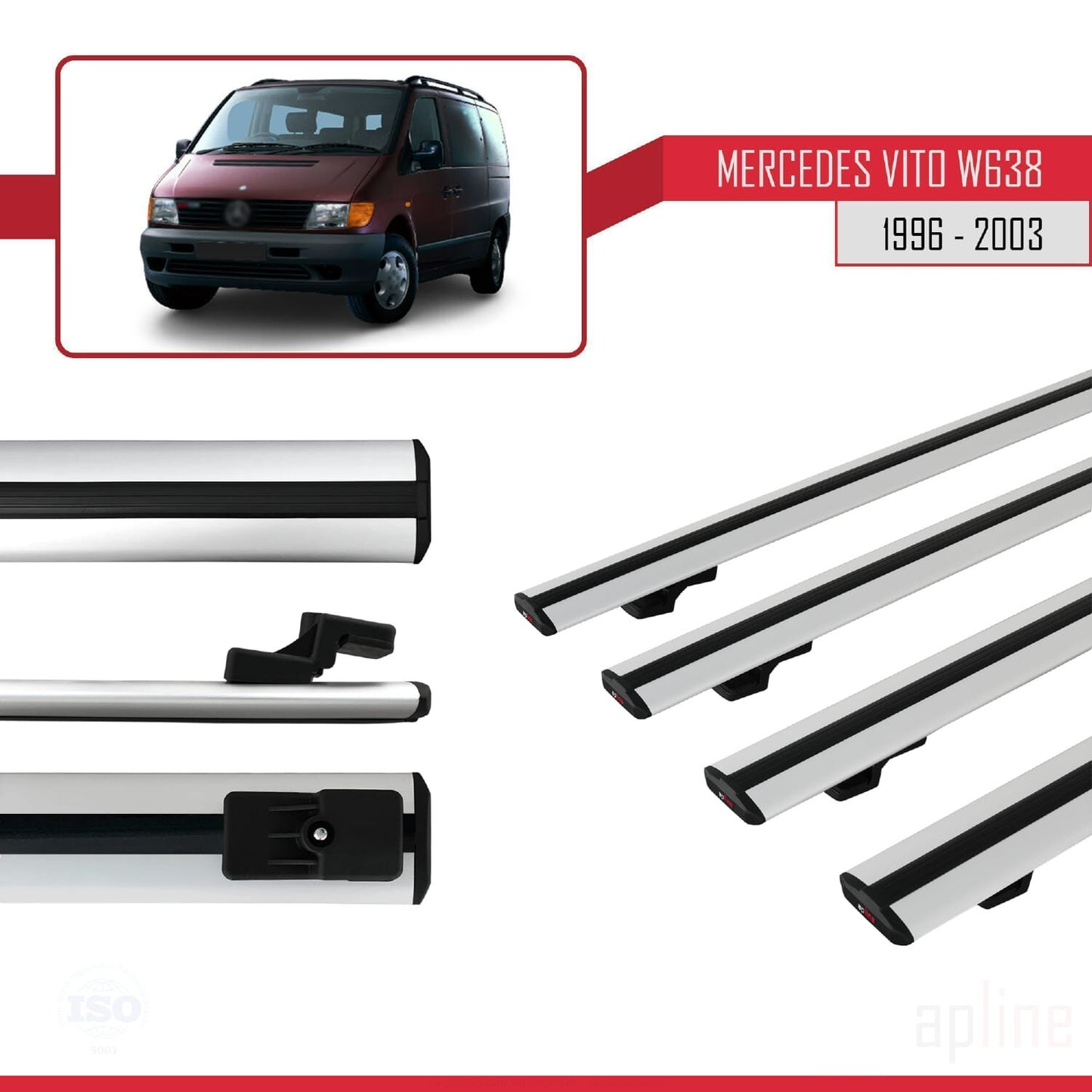 Compatible avec Mercedes Vito (W638) 1996-2003 BASIC Model Barres de Toit Railing Porte-Bagages de Voiture Gris Aluminium 4 Barres
