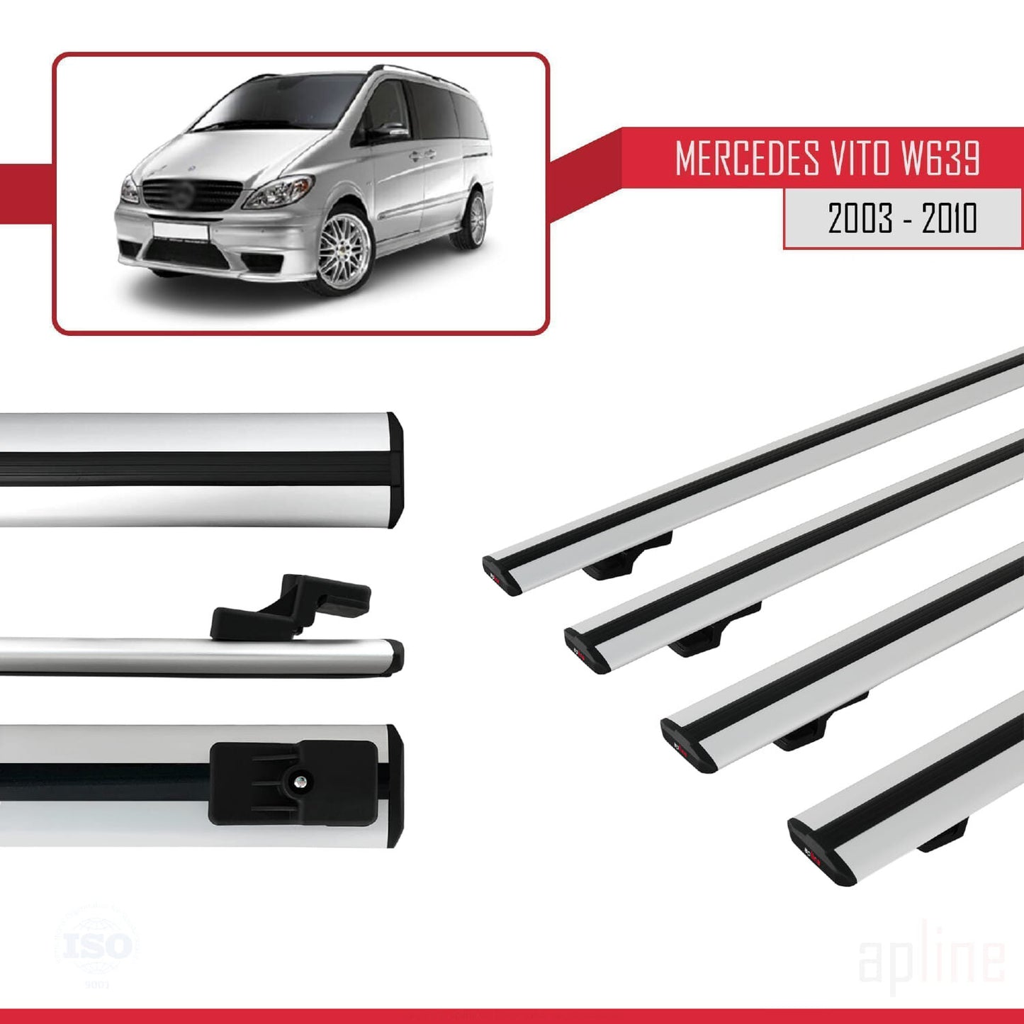 Compatible avec Mercedes Vito 2 (W639) Pre-Facelift 2003-2010 BASIC Model Barres de Toit Railing Porte-Bagages de Voiture Gris Aluminium 4 Barres