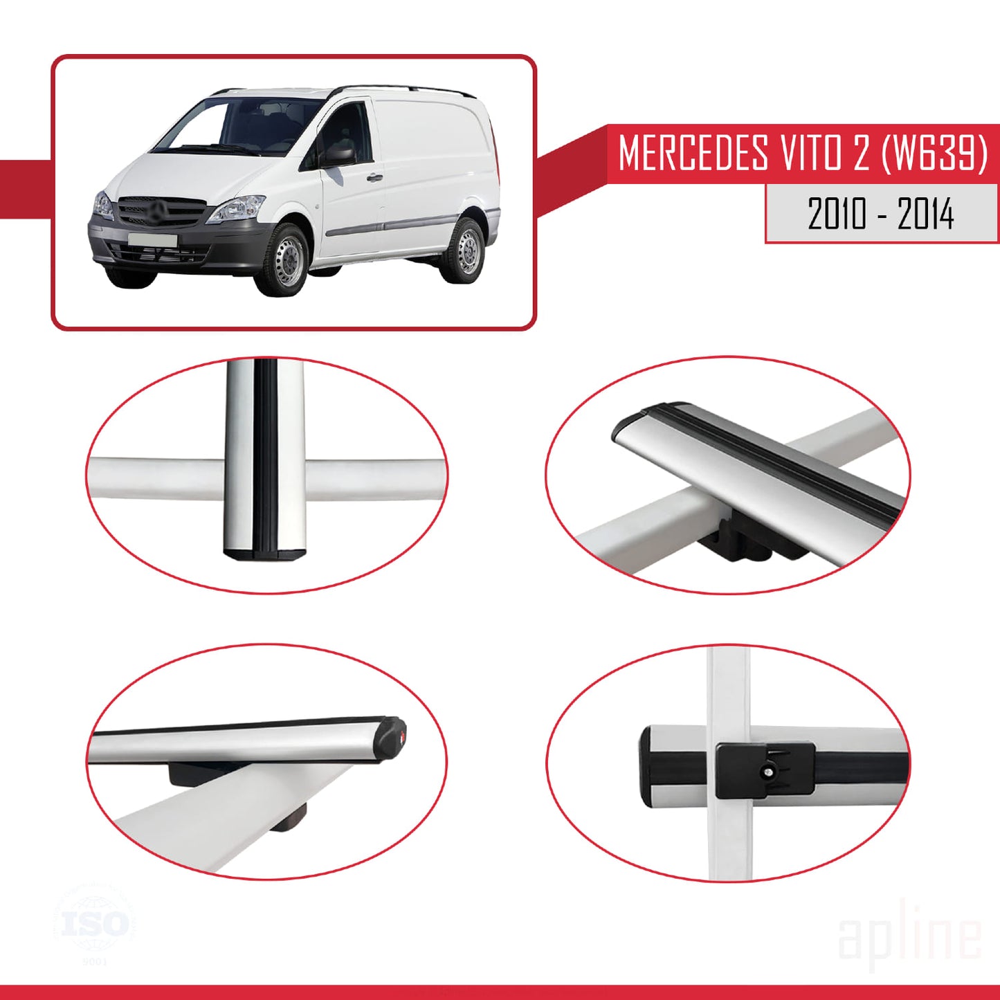 Compatible avec Mercedes Vito 2 (W639) Post-Facelift 2010-2014 BASIC Model Barres de Toit Railing Porte-Bagages de Voiture Gris Aluminium 3 Barres
