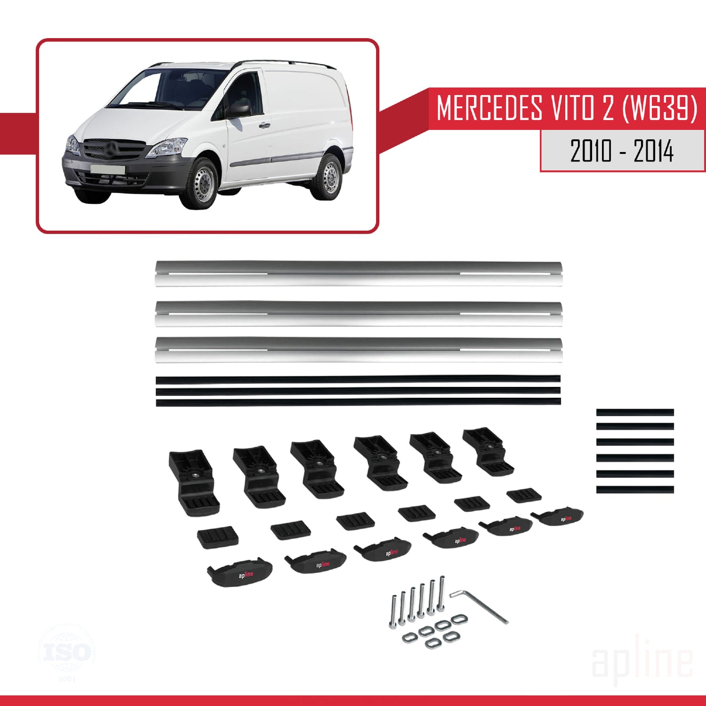 Compatible avec Mercedes Vito 2 (W639) Post-Facelift 2010-2014 BASIC Model Barres de Toit Railing Porte-Bagages de Voiture Gris Aluminium 3 Barres