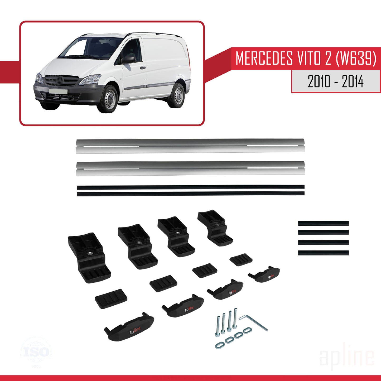 Compatible with Mercedes Vito 2 (W639) Post-Facelift 2010-2014 BASIC Model Car Roof Rack Cross Bar Grey Aluminium 2 Bars
