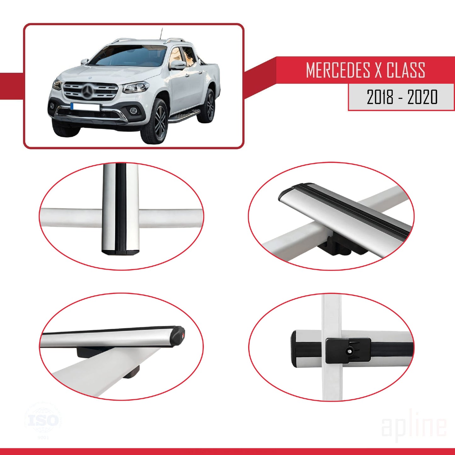 Compatible with Mercedes X Class (470) 2018-2020 BASIC Model Car Roof Rack Cross Bar Grey Aluminium 3 Bars