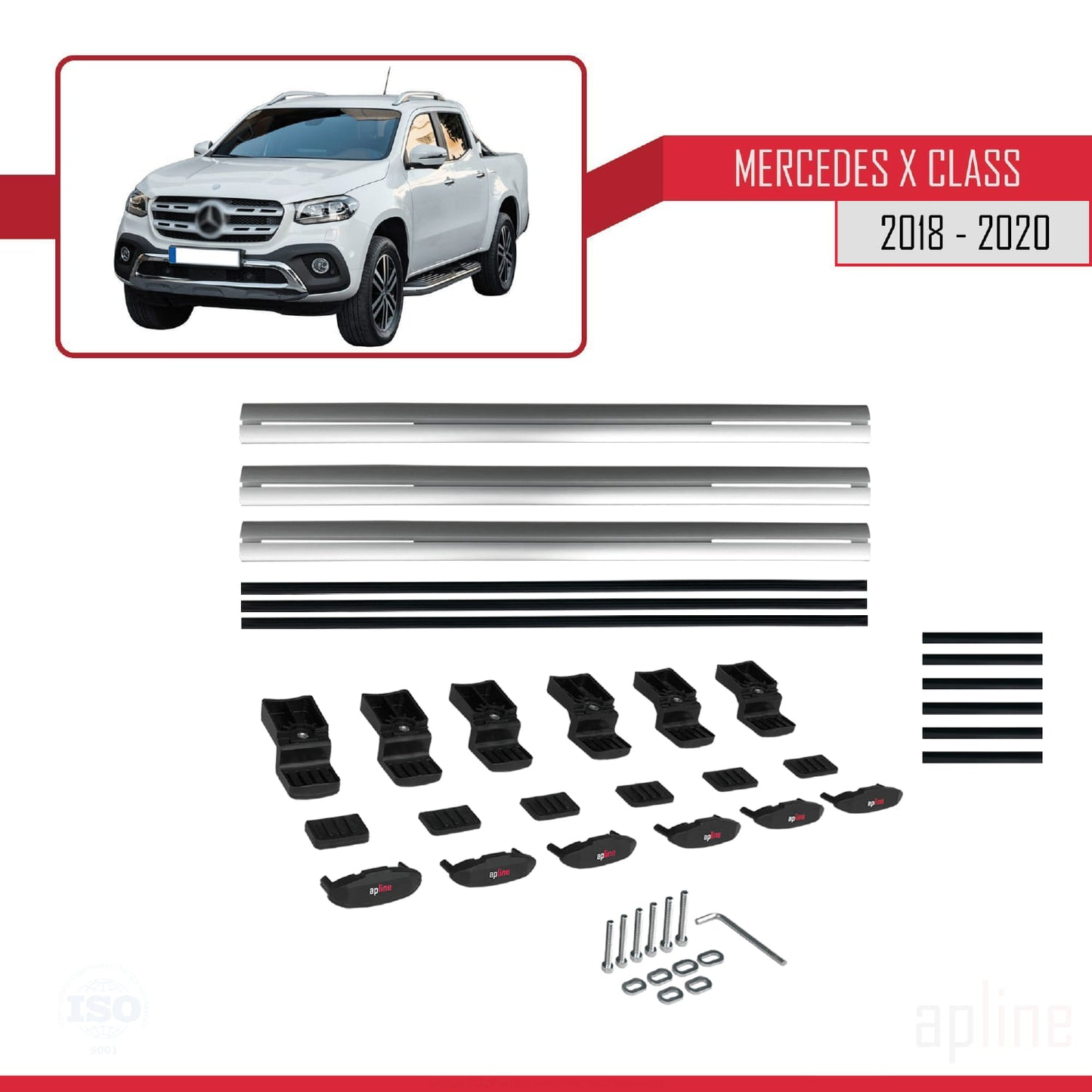 Compatible with Mercedes X Class (470) 2018-2020 BASIC Model Car Roof Rack Cross Bar Grey Aluminium 3 Bars