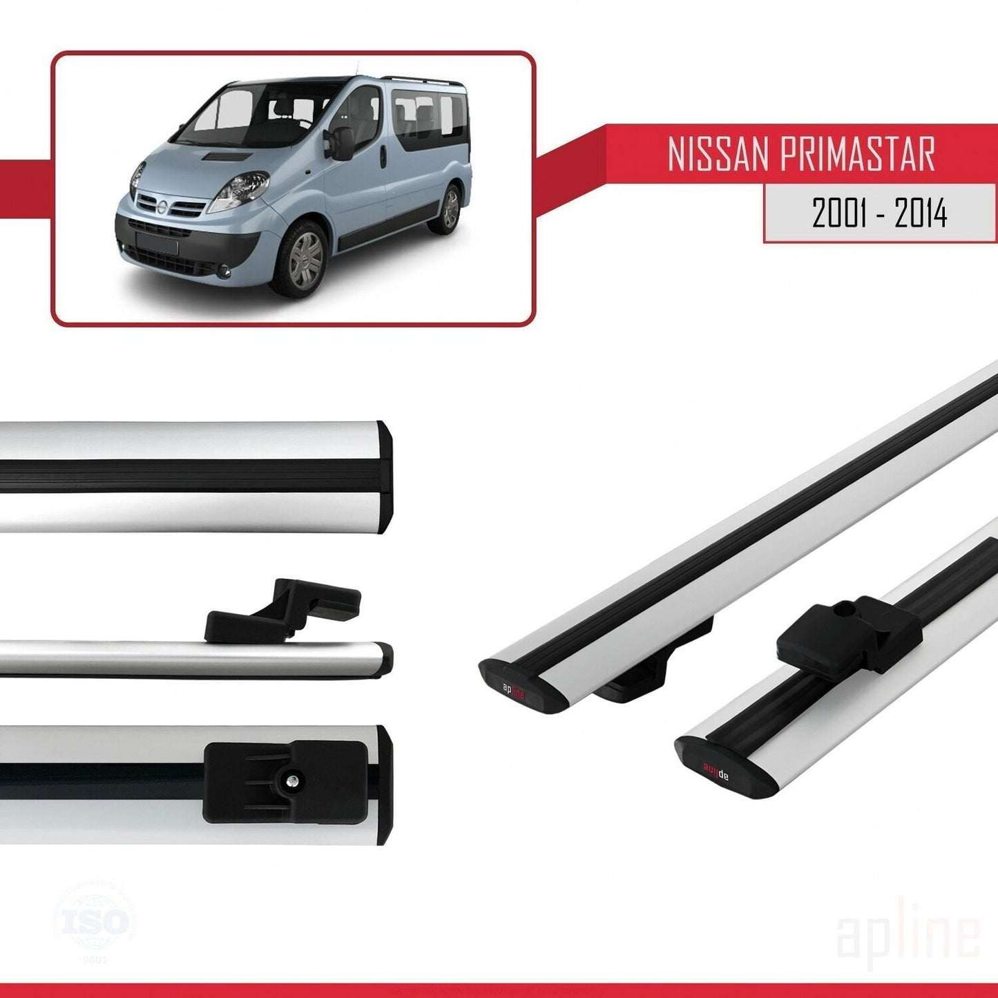 Compatible avec Nissan Primastar 2001-2014 BASIC Model Barres de Toit Railing Porte-Bagages de Voiture Gris Aluminium 2 Barres