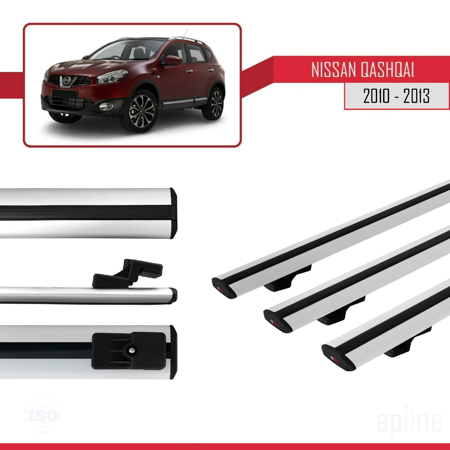 Compatible avec Nissan Qashqai (J10) Post-Facelift 2010-2013 BASIC Model Barres de Toit Railing Porte-Bagages de Voiture Gris Aluminium 3 Barres