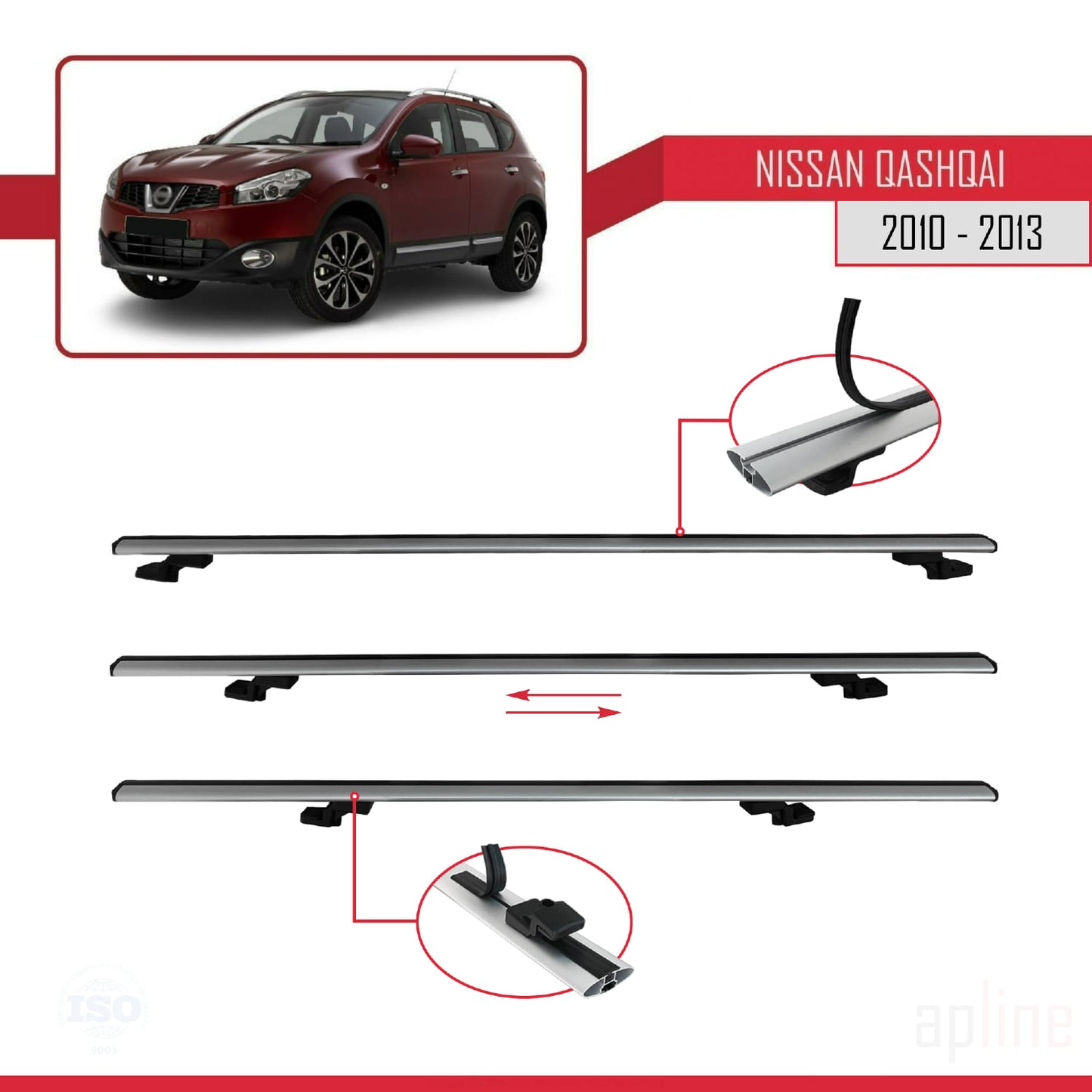 Compatible avec Nissan Qashqai (J10) Post-Facelift 2010-2013 BASIC Model Barres de Toit Railing Porte-Bagages de Voiture Gris Aluminium 3 Barres
