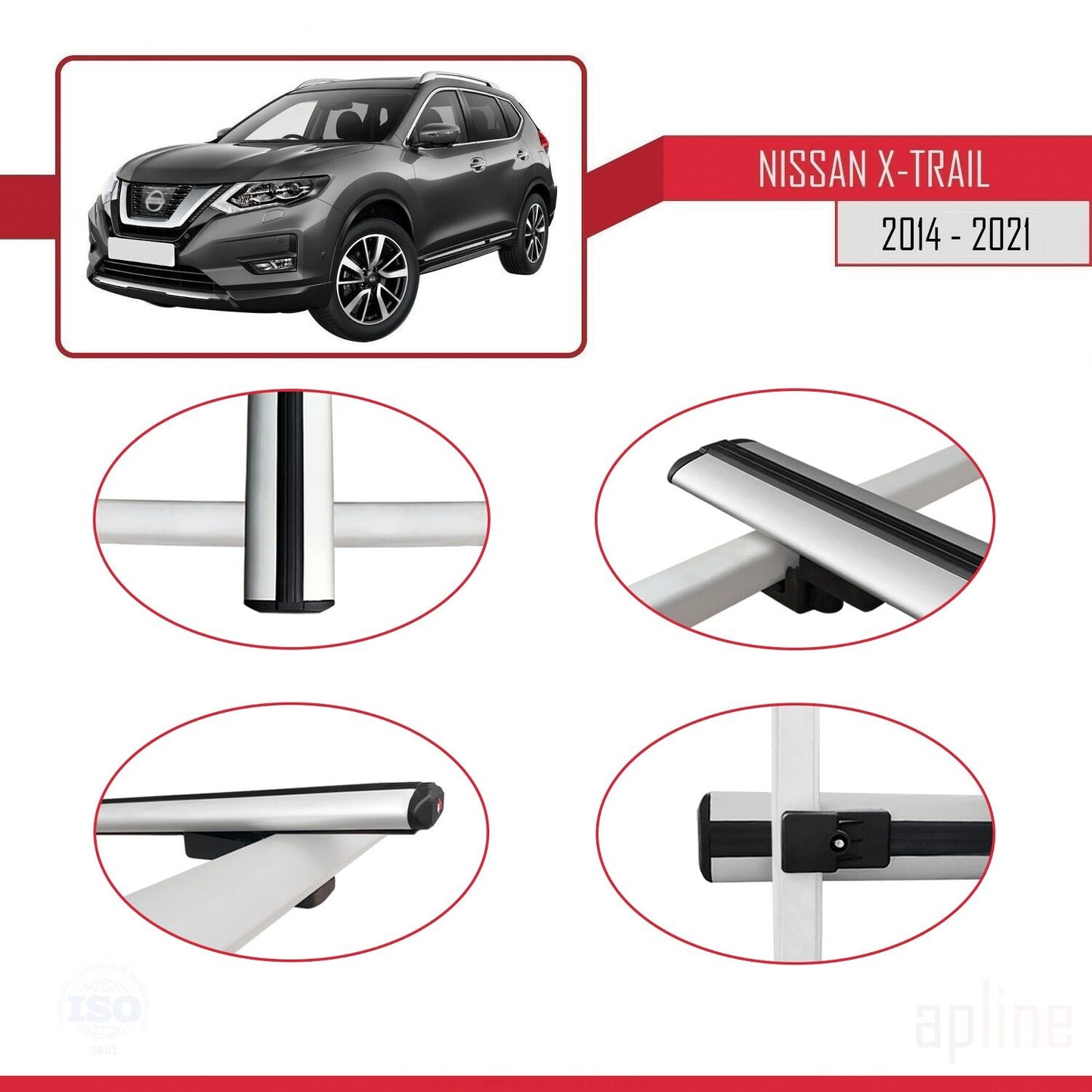 Compatible avec Nissan X-Trail 3 (T32) 2014-2021 BASIC Model Barres de Toit Railing Porte-Bagages de Voiture Gris Aluminium 2 Barres