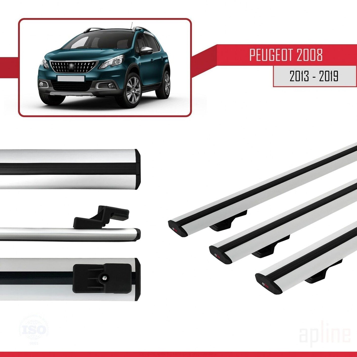 Compatible con Peugeot 2008 (A94) 2013-2019 BASIC Model Barras de Techo Auto Portaequipajes Barras Transversales Gris Aluminio 3 Barras