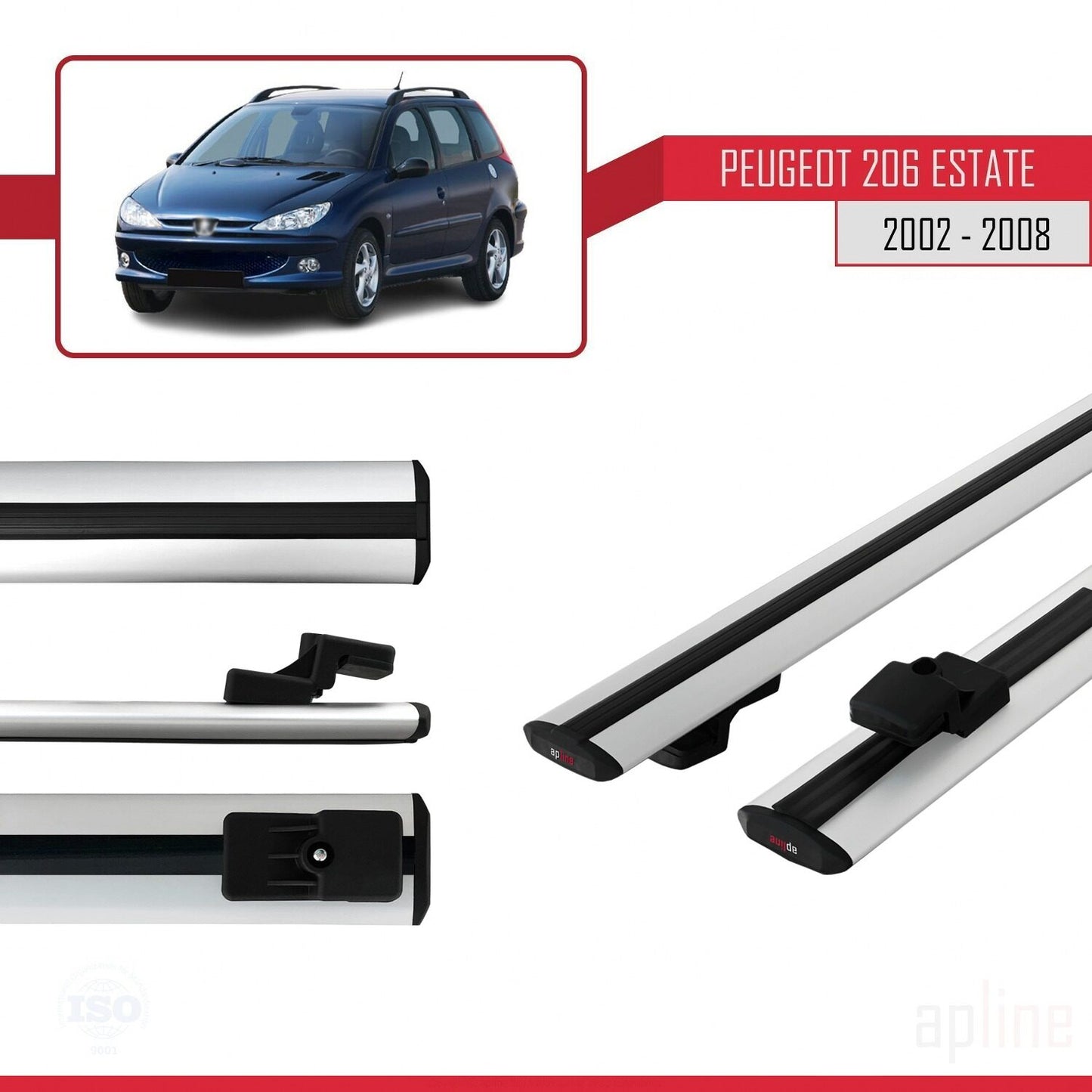Compatible with Peugeot 206 SW 2002-2008 BASIC Model Car Roof Rack Cross Bar Grey Aluminium 2 Bars