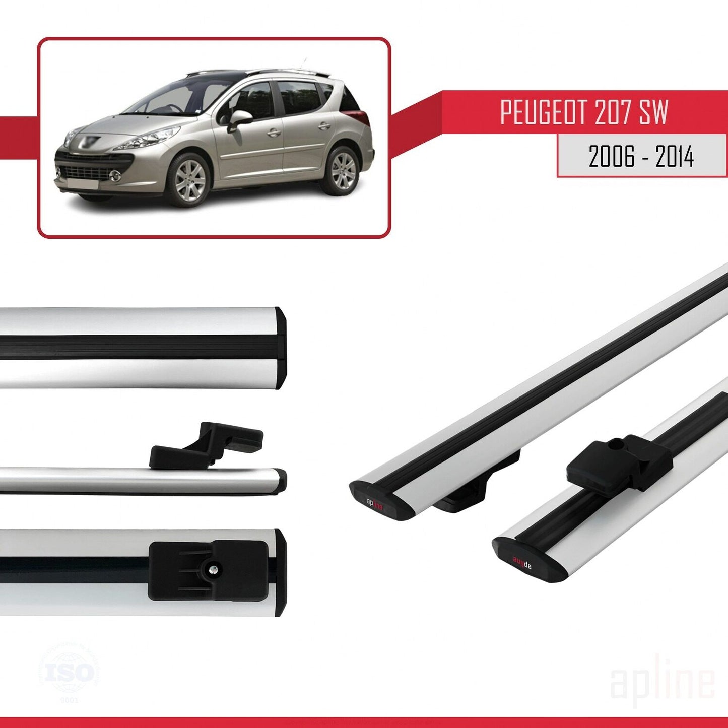Compatible avec Peugeot 207 Break 2006-2014 BASIC Model Barres de Toit Railing Porte-Bagages de Voiture Gris Aluminium 2 Barres