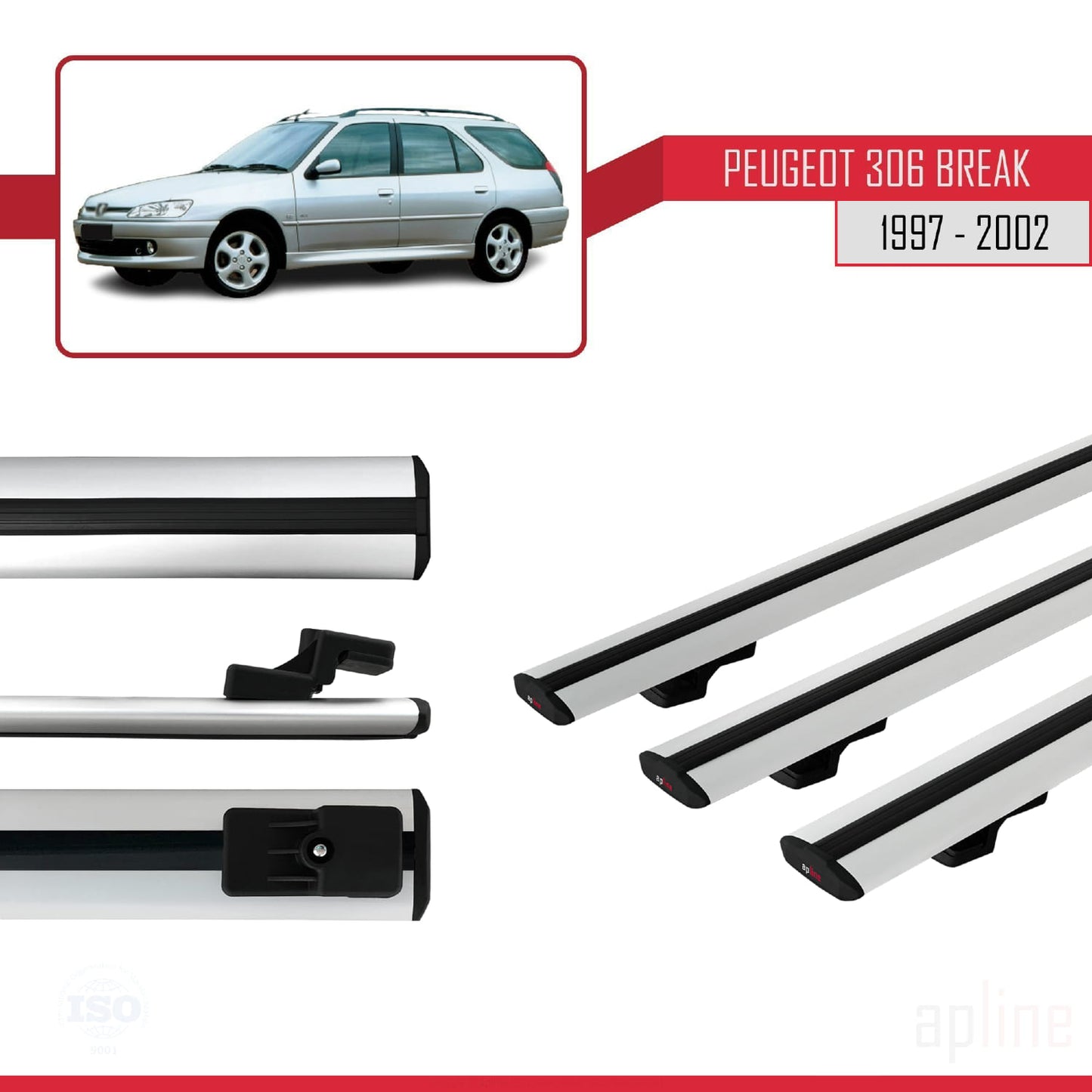 Compatible with Peugeot 306 SW 1997-2002 BASIC Model Car Roof Rack Cross Bar Grey Aluminium 3 Bars