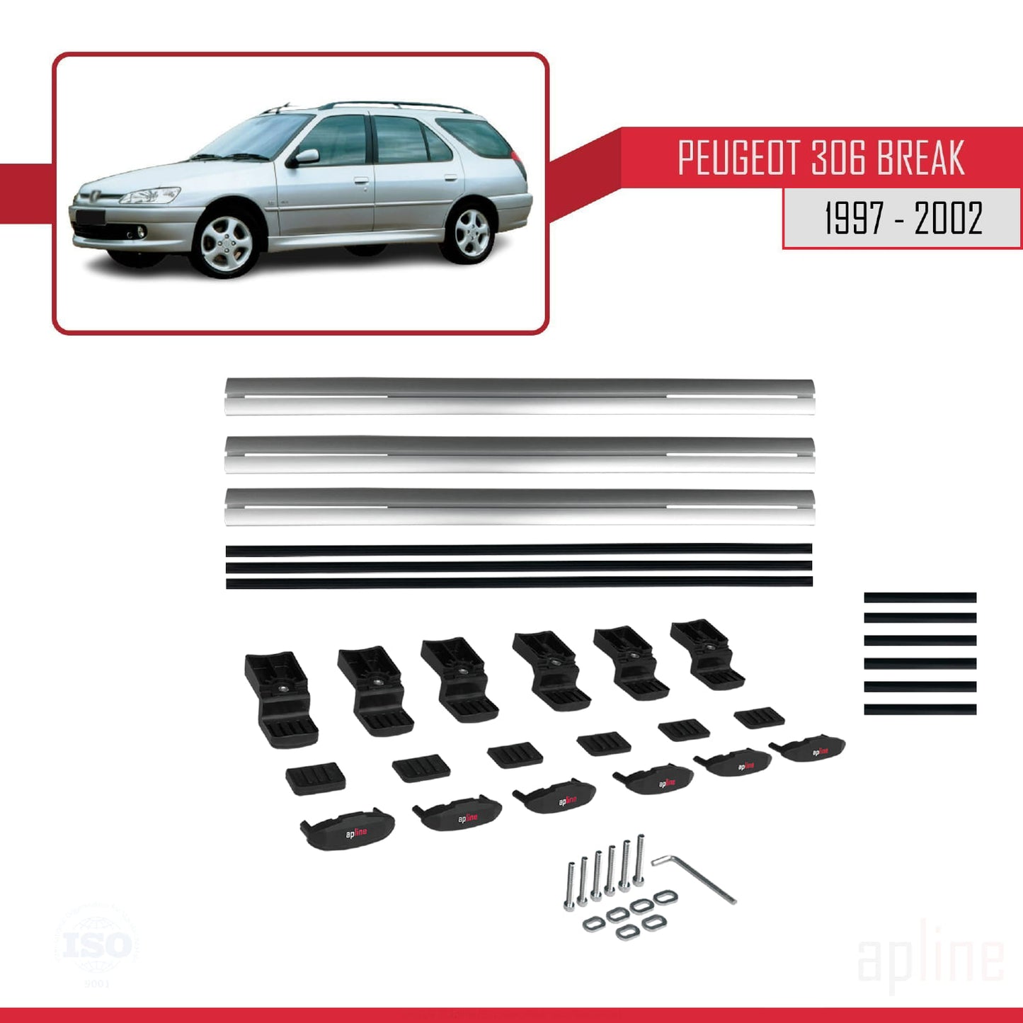 Compatible with Peugeot 306 SW 1997-2002 BASIC Model Car Roof Rack Cross Bar Grey Aluminium 3 Bars
