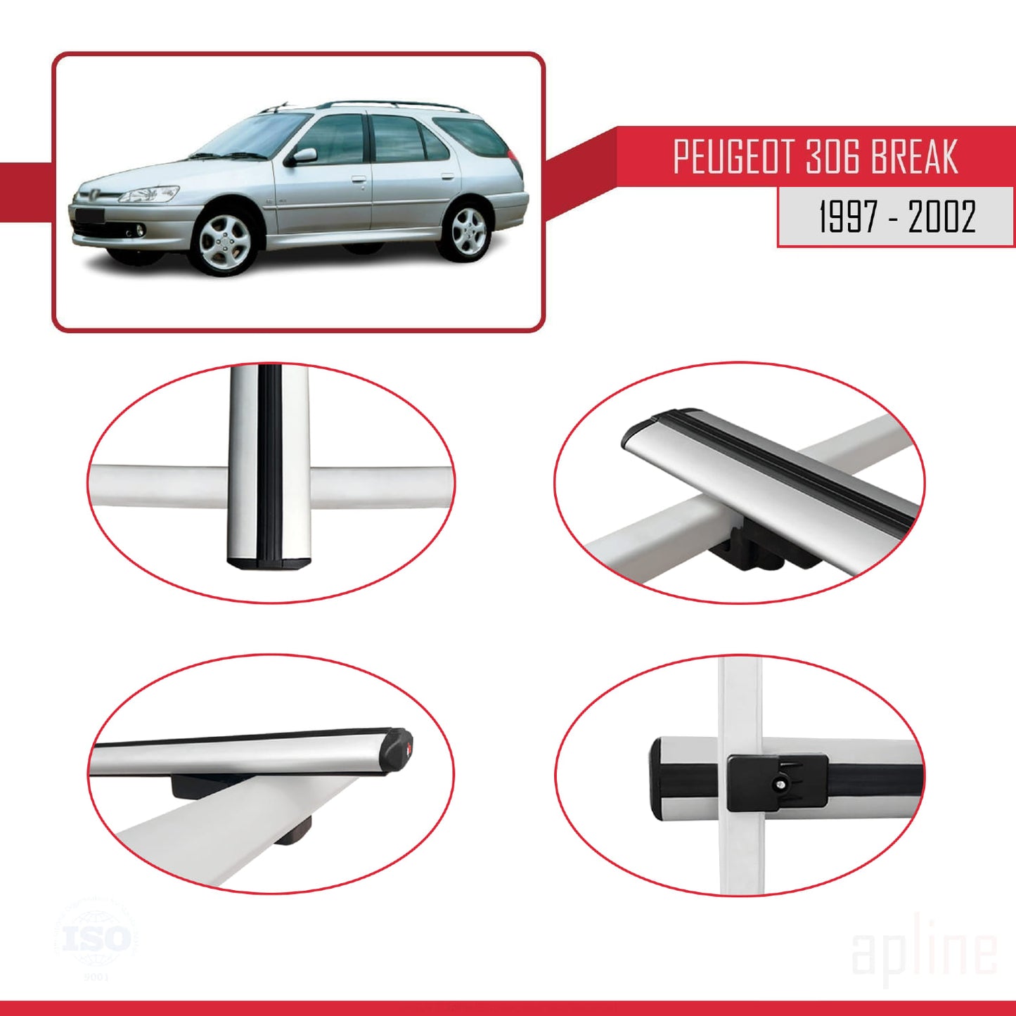 Compatible con Peugeot 306 Familiar 1997-2002 BASIC Model Barras de Techo Auto Portaequipajes Barras Transversales Gris Aluminio 2 Barras
