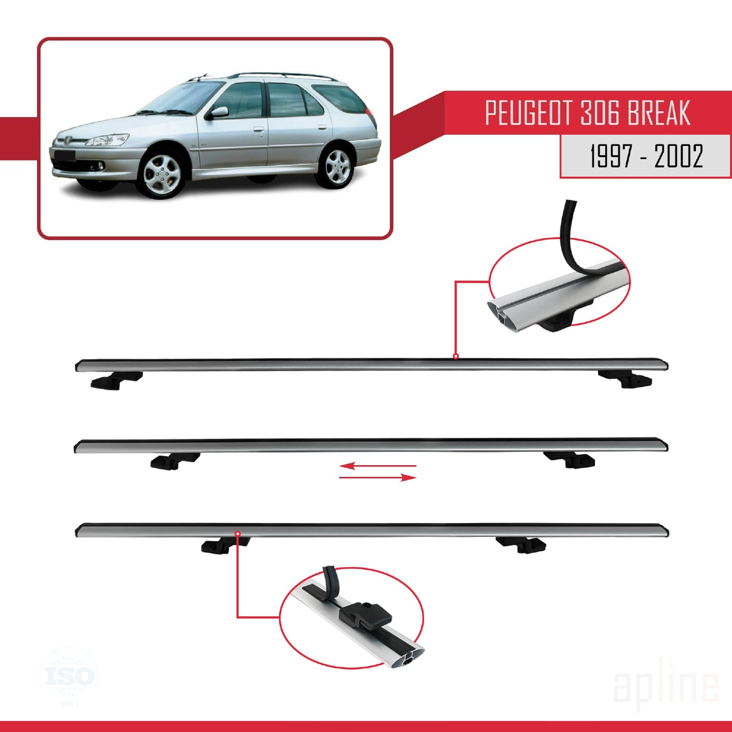 Compatible con Peugeot 306 Familiar 1997-2002 BASIC Model Barras de Techo Auto Portaequipajes Barras Transversales Gris Aluminio 2 Barras