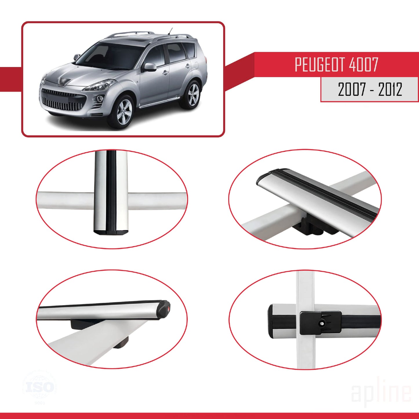 Compatible with Peugeot 4007 2007-2012 BASIC Model Car Roof Rack Cross Bar Grey Aluminium 2 Bars