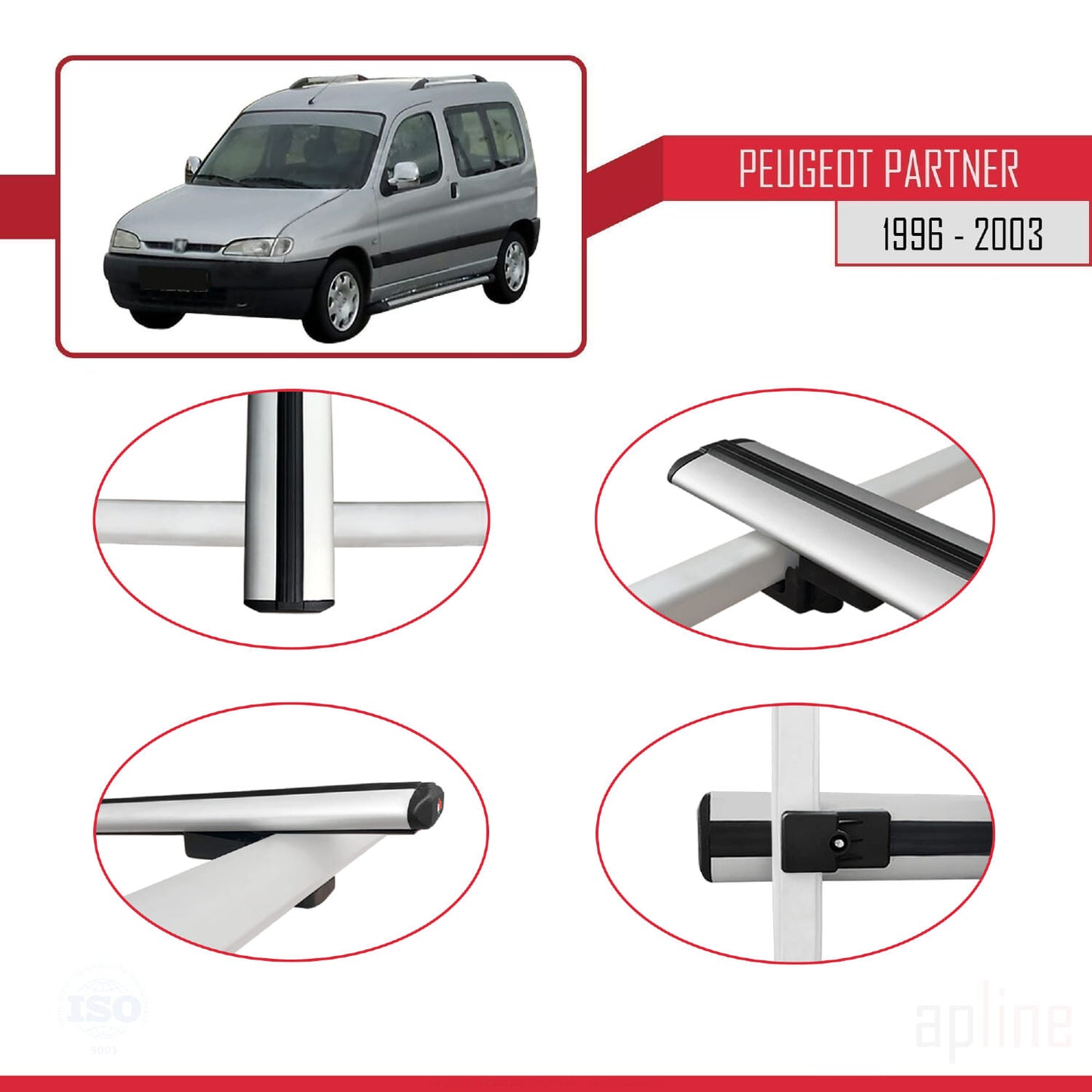 Compatible avec Peugeot Partner Pre-Facelift 1996-2003 BASIC Model Barres de Toit Railing Porte-Bagages de Voiture Gris Aluminium 4 Barres