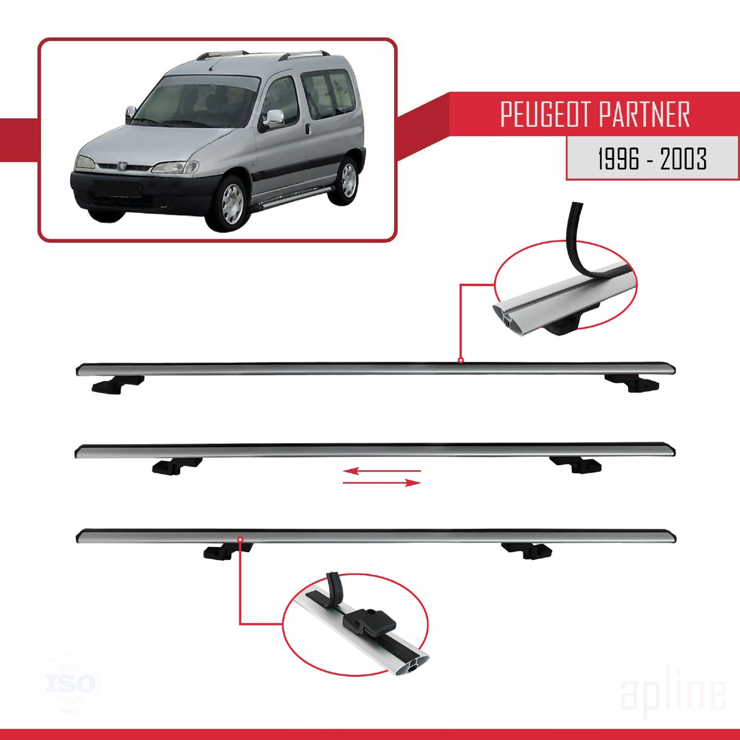 Compatible avec Peugeot Partner Pre-Facelift 1996-2003 BASIC Model Barres de Toit Railing Porte-Bagages de Voiture Gris Aluminium 4 Barres