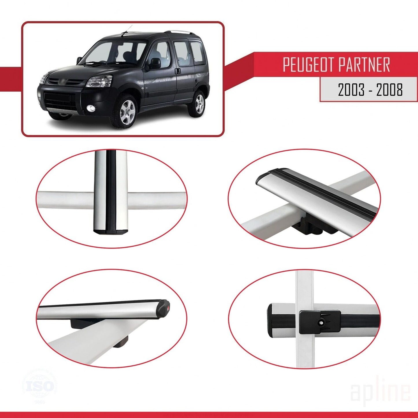 Compatible avec Peugeot Partner Post-Facelift 2003-2008 BASIC Model Barres de Toit Railing Porte-Bagages de Voiture Gris Aluminium 2 Barres