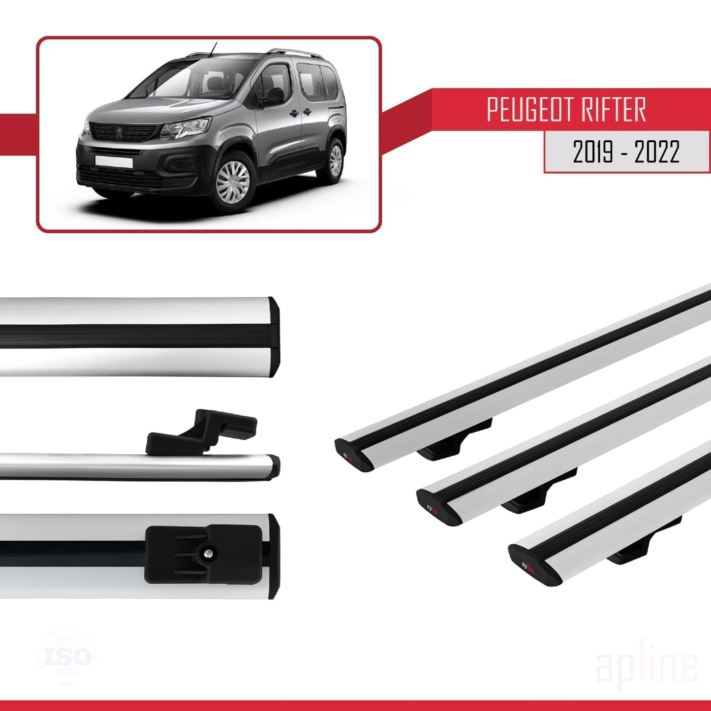 Compatible con Peugeot Rifter 2019-2022 BASIC Model Barras de Techo Auto Portaequipajes Barras Transversales Gris Aluminio 3 Barras