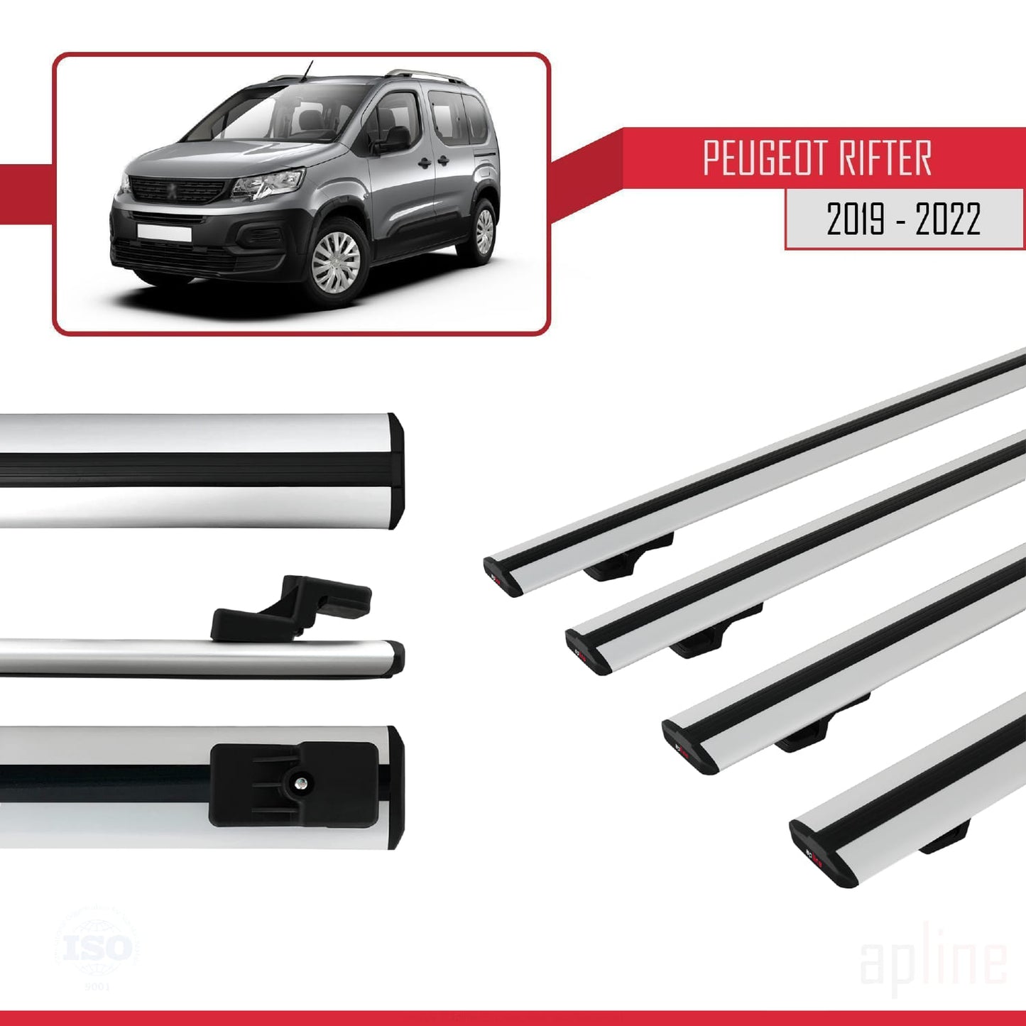 Compatible con Peugeot Rifter 2019-2022 BASIC Model Barras de Techo Auto Portaequipajes Barras Transversales Gris Aluminio 4 Barras