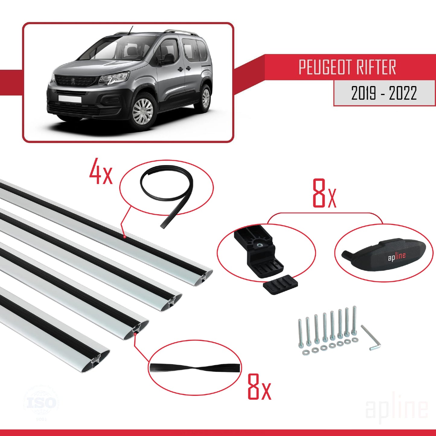 Compatible con Peugeot Rifter 2019-2022 BASIC Model Barras de Techo Auto Portaequipajes Barras Transversales Gris Aluminio 4 Barras