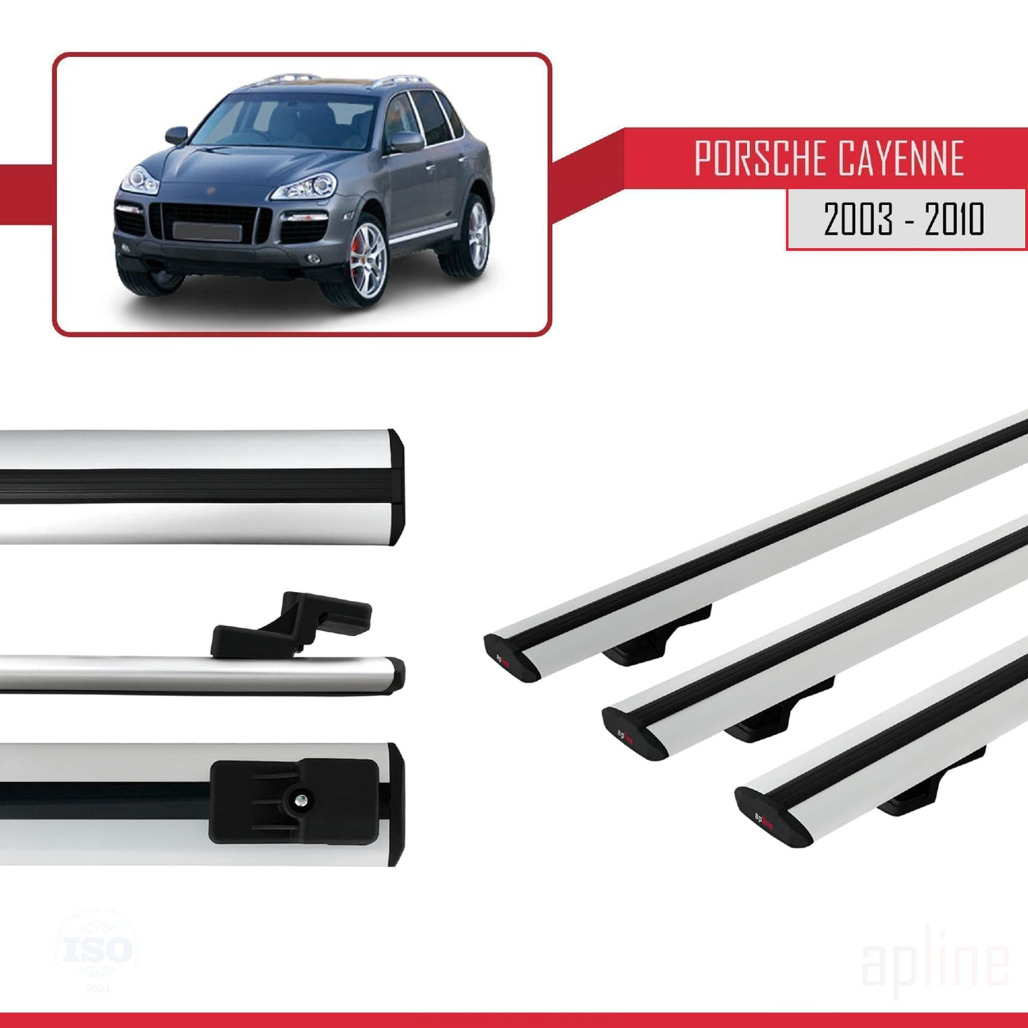 Compatible with Porsche Cayenne (9PA) 2003-2010 BASIC Model Car Roof Rack Cross Bar Grey Aluminium 3 Bars