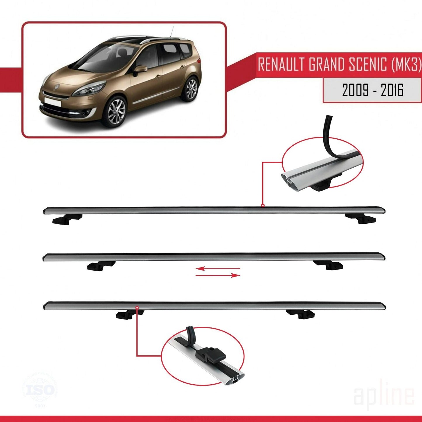 Compatible avec Renault Grand Scenic 3 2009-2016 BASIC Model Barres de Toit Railing Porte-Bagages de Voiture Gris Aluminium 2 Barres