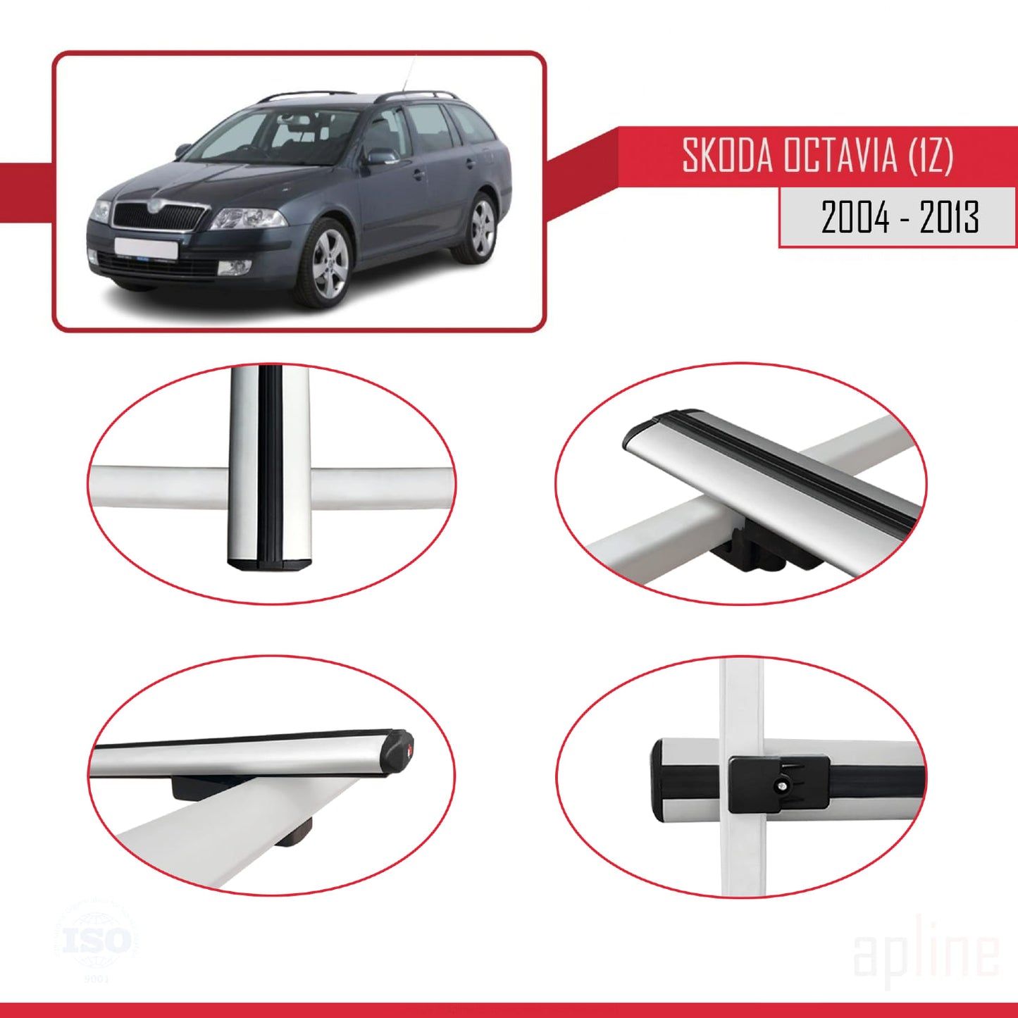 Compatible con Skoda Octavia 2 (1Z) 2004-2013 BASIC Model Barras de Techo Auto Portaequipajes Barras Transversales Gris Aluminio 3 Barras