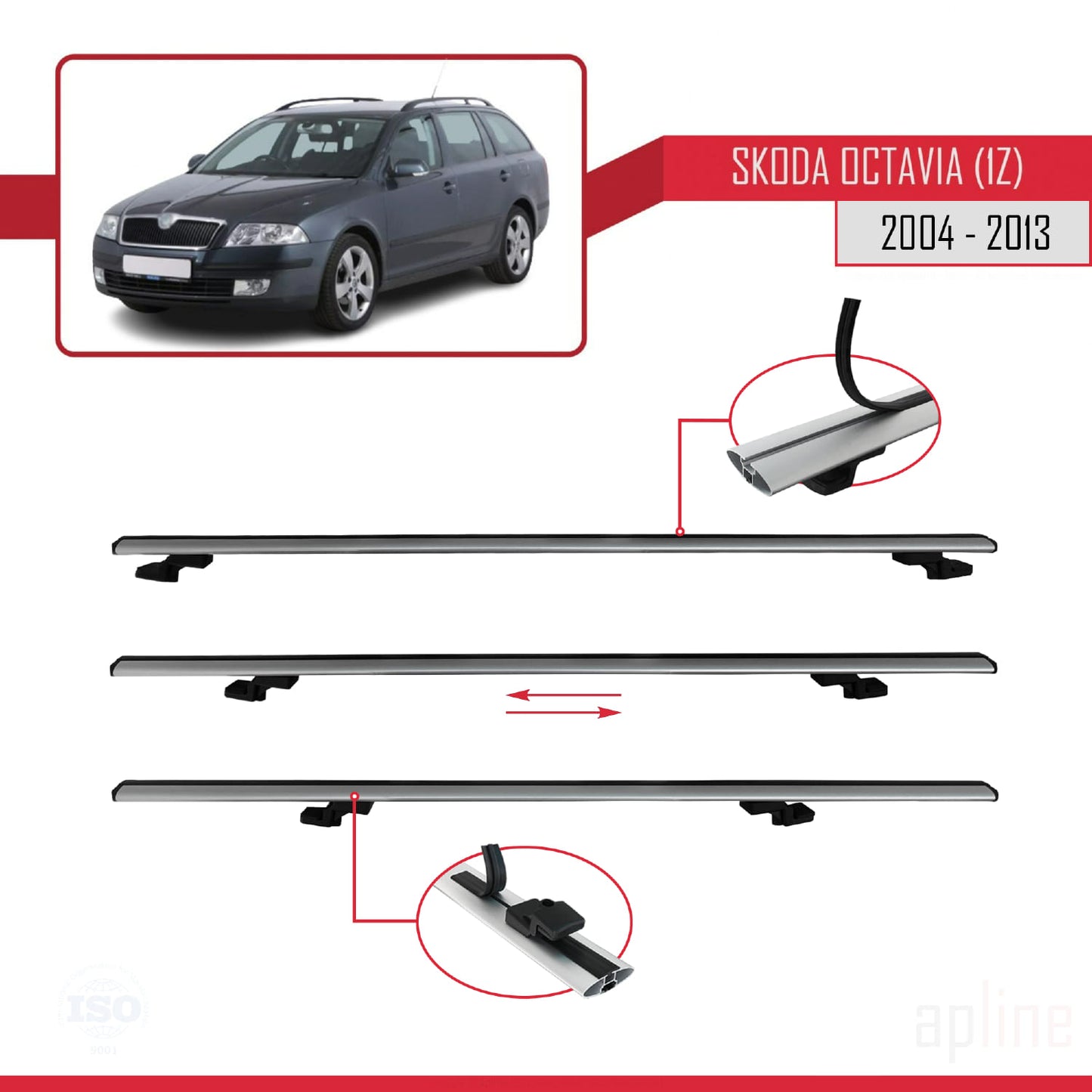 Compatible con Skoda Octavia 2 (1Z) 2004-2013 BASIC Model Barras de Techo Auto Portaequipajes Barras Transversales Gris Aluminio 3 Barras