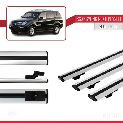 Compatible with Ssangyong Rexton (Y200) 2001-2005 BASIC Model Car Roof Rack Cross Bar Grey Aluminium 3 Bars