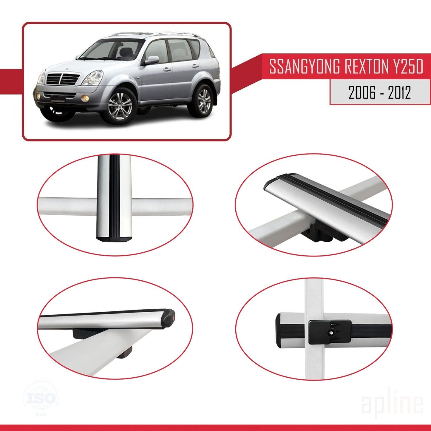 Compatible avec Ssangyong Rexton (Y250) 2006-2012 BASIC Model Barres de Toit Railing Porte-Bagages de Voiture Gris Aluminium 3 Barres