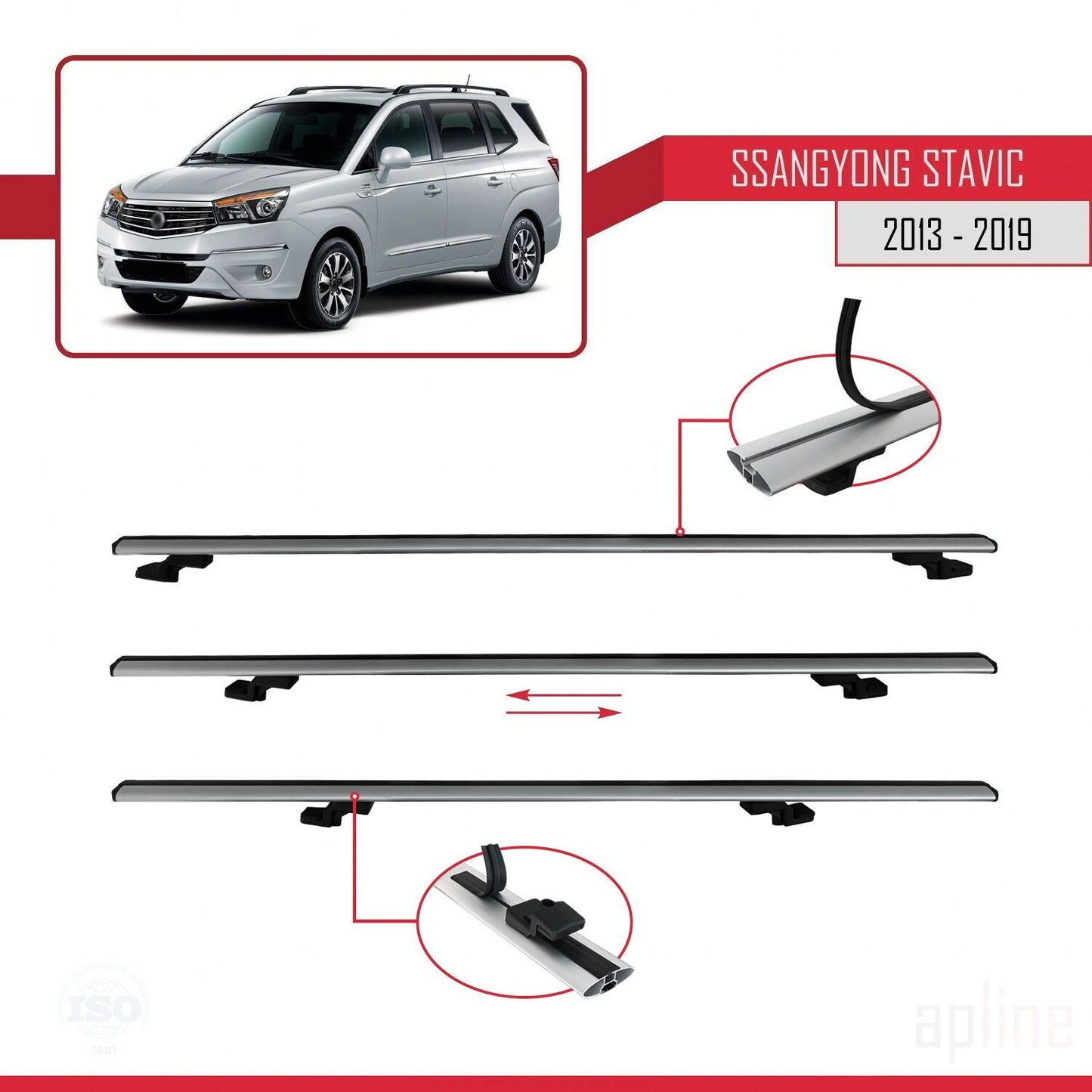Compatible avec Ssangyong Stavic 2 2013-2019 BASIC Model Barres de Toit Railing Porte-Bagages de Voiture Gris Aluminium 2 Barres