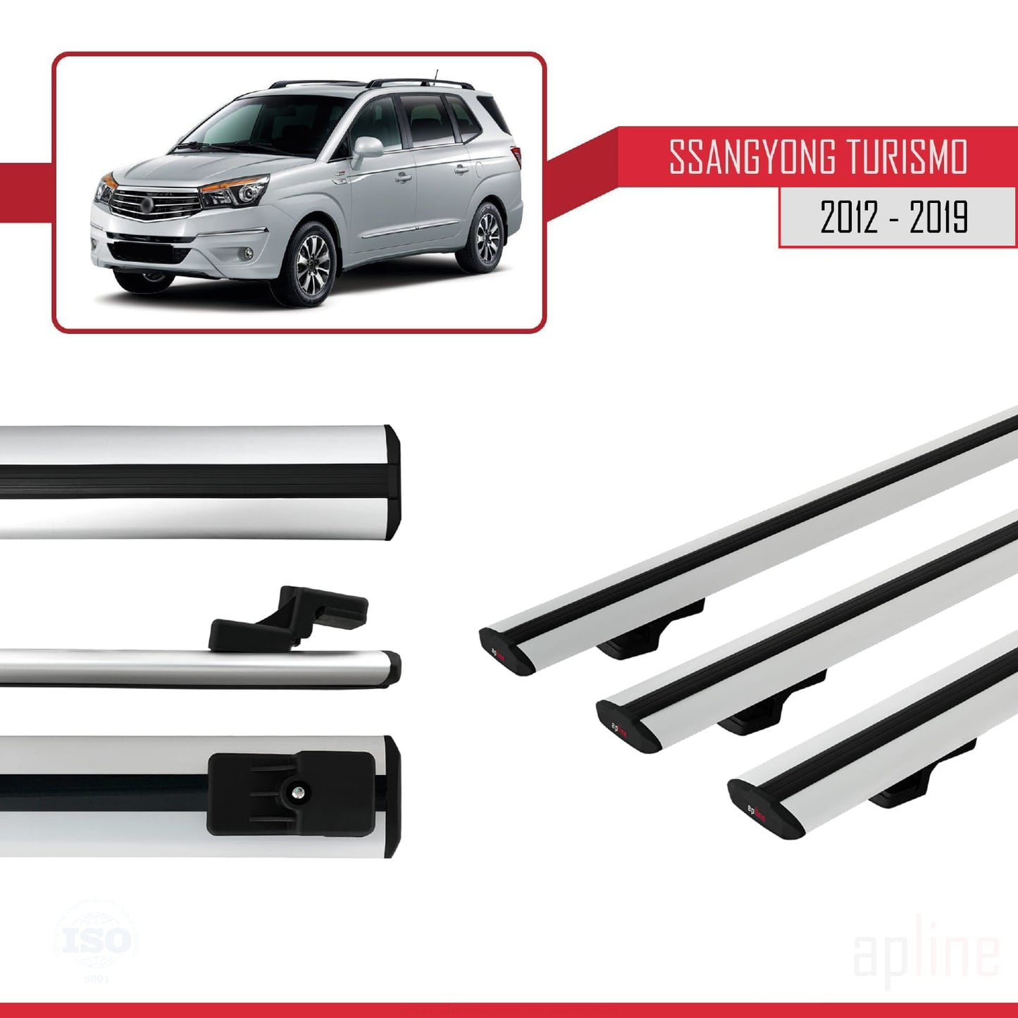 Compatible avec Ssangyong Turismo 2012-2019 BASIC Model Barres de Toit Railing Porte-Bagages de Voiture Gris Aluminium 3 Barres
