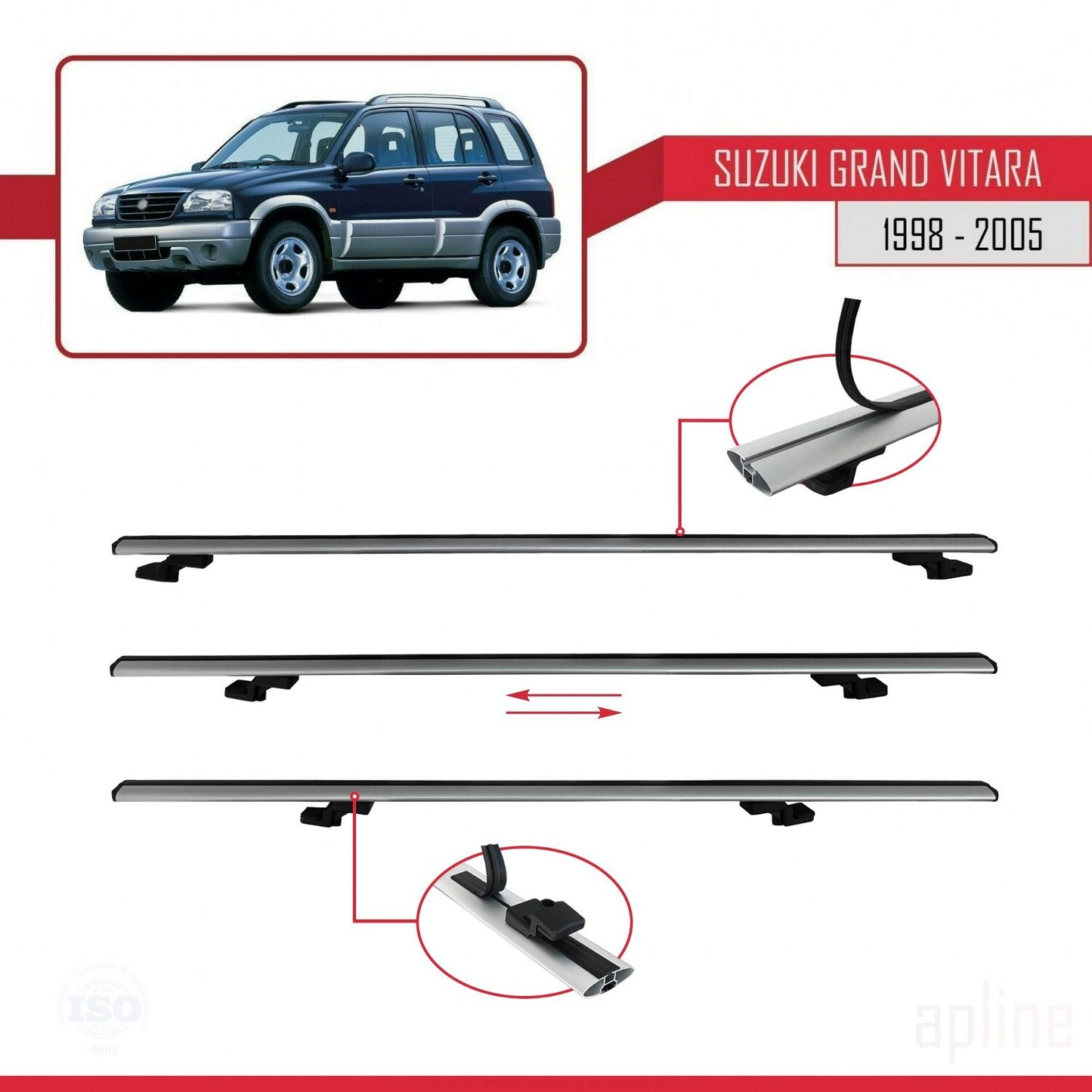 Compatible avec Suzuki Grand Vitara (FT) 1998-2005 BASIC Model Barres de Toit Railing Porte-Bagages de Voiture Gris Aluminium 2 Barres